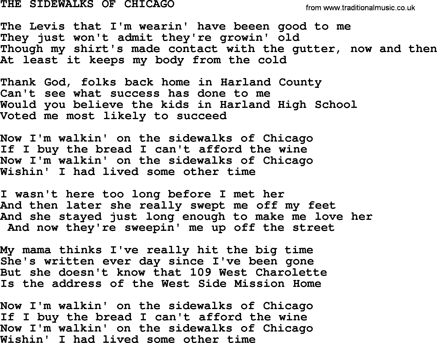 Merle Haggard song: The Sidewalks Of Chicago, lyrics.