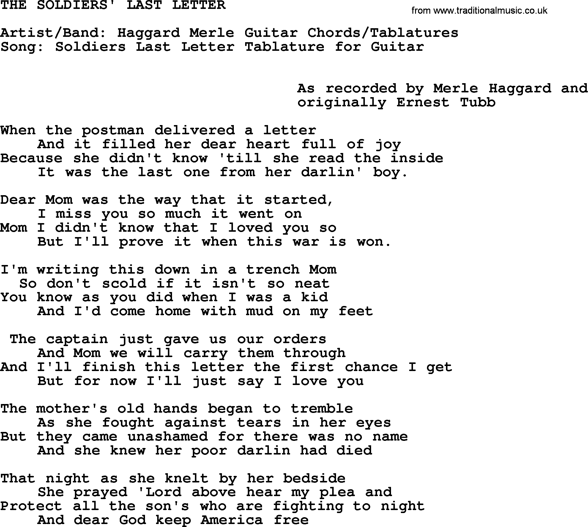 Merle Haggard song: The Soldiers' Last Letter, lyrics.
