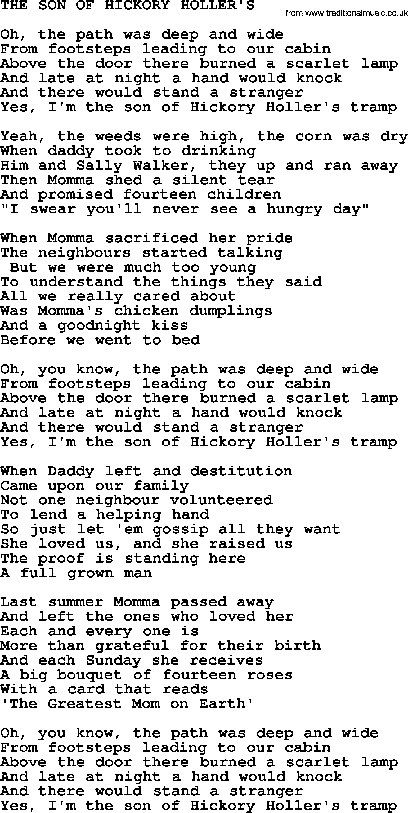 Merle Haggard song: The Son Of Hickory Holler's, lyrics.