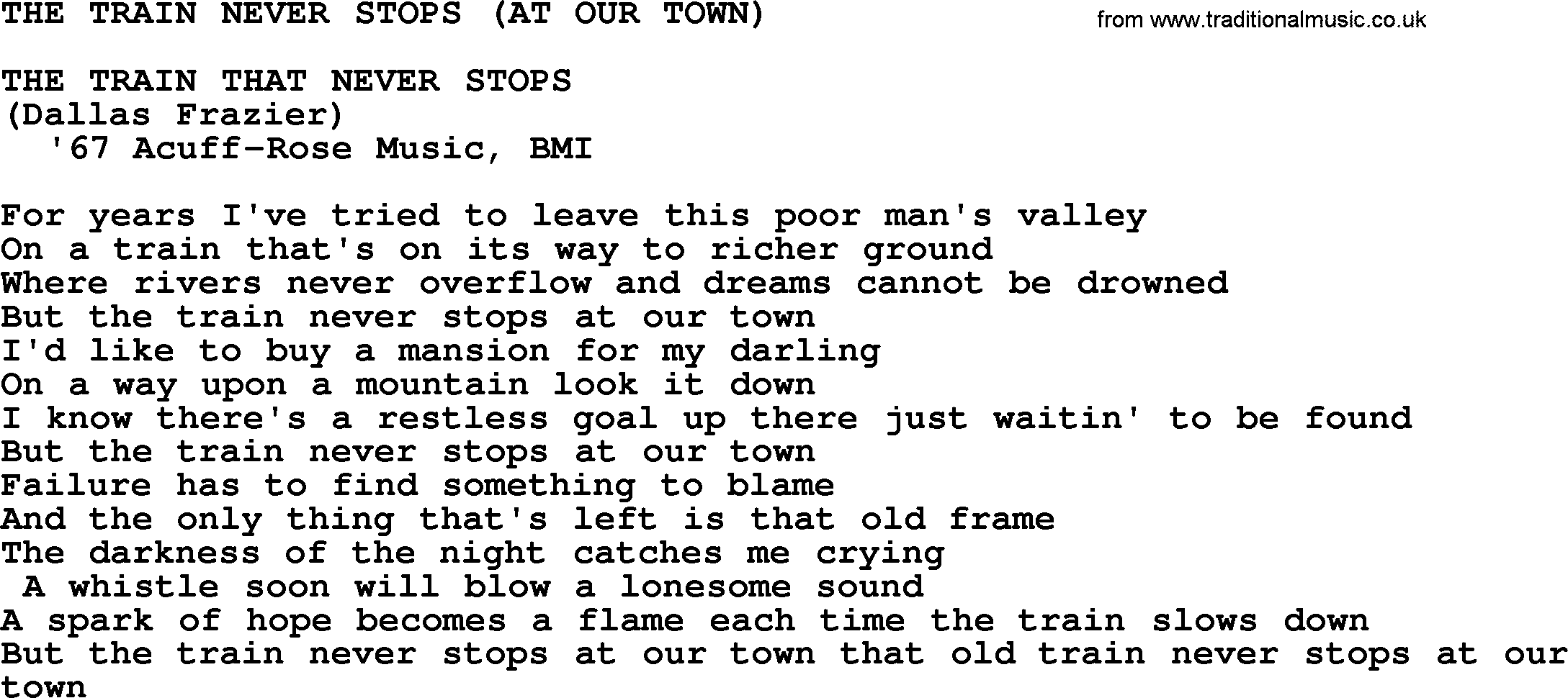 Merle Haggard song: The Train Never Stops At Our Town, lyrics.