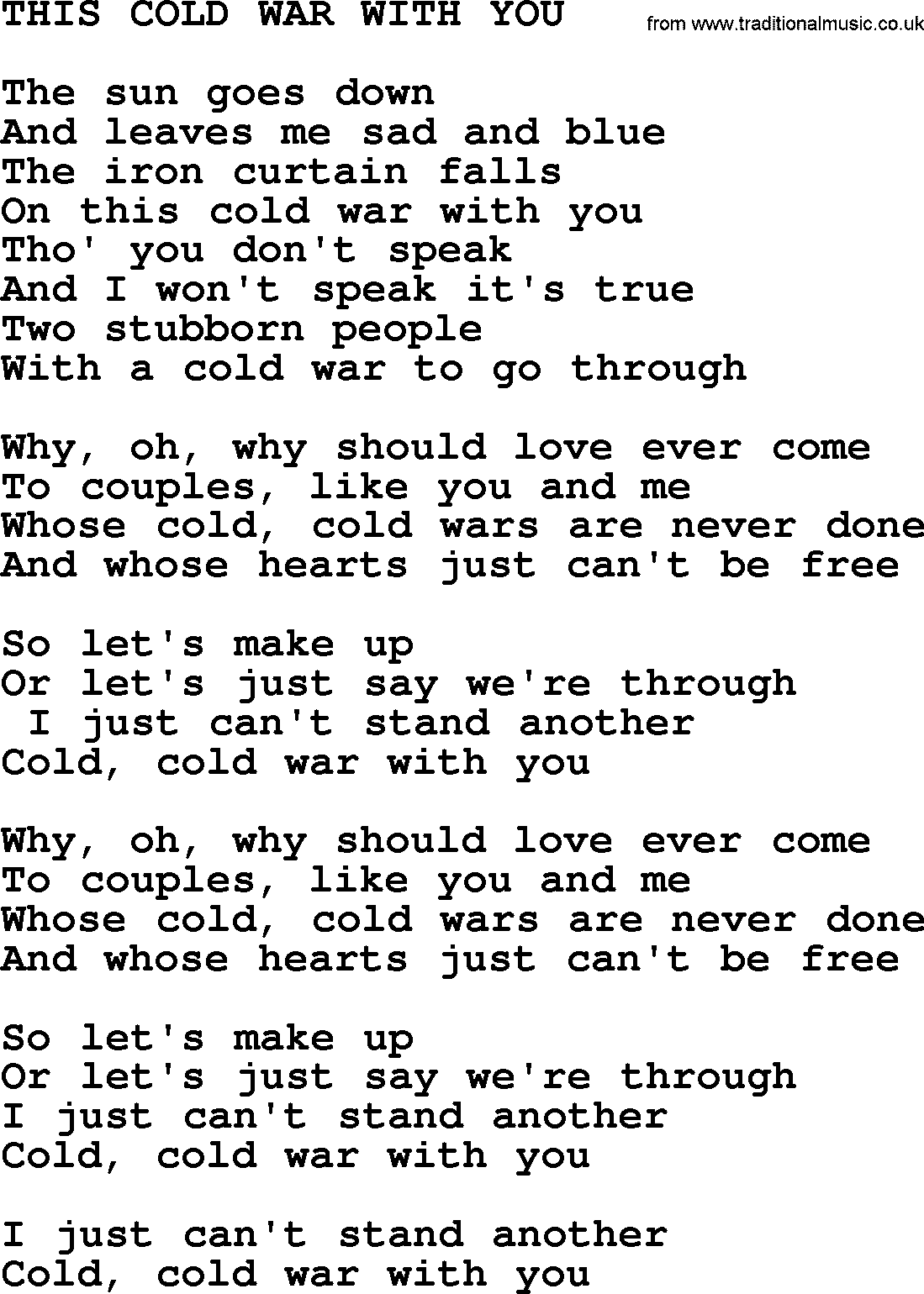 Merle Haggard song: This Cold War With You, lyrics.