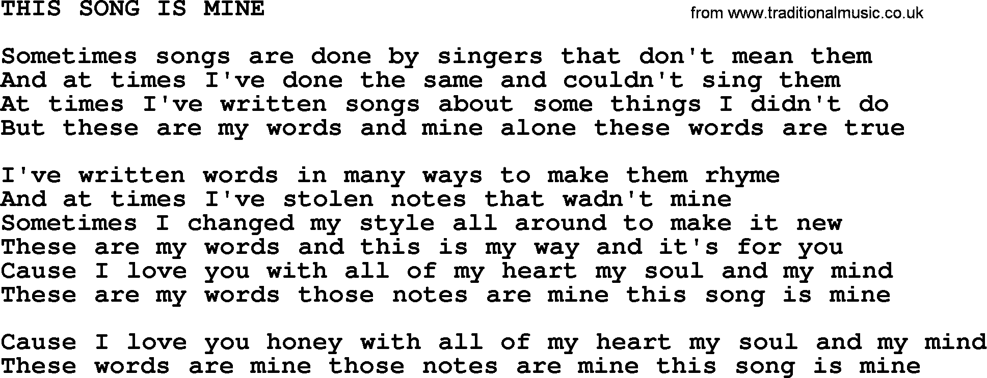 Merle Haggard song: This Song Is Mine, lyrics.