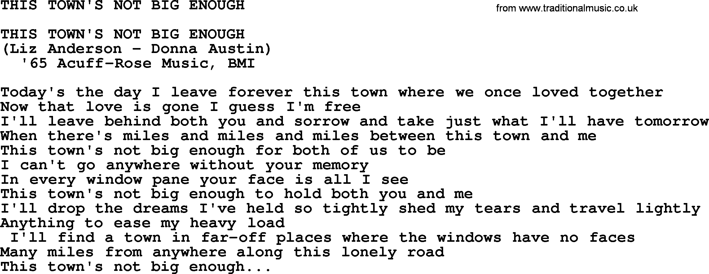 Merle Haggard song: This Town's Not Big Enough, lyrics.