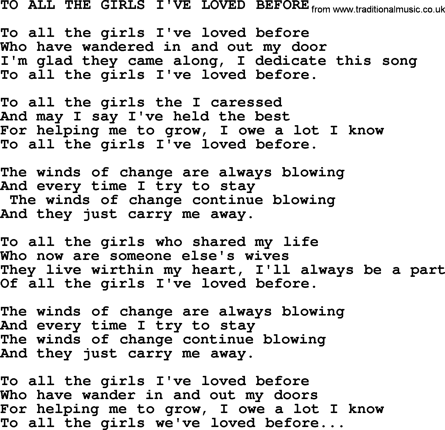 Merle Haggard song: To All The Girls I've Loved Before, lyrics.