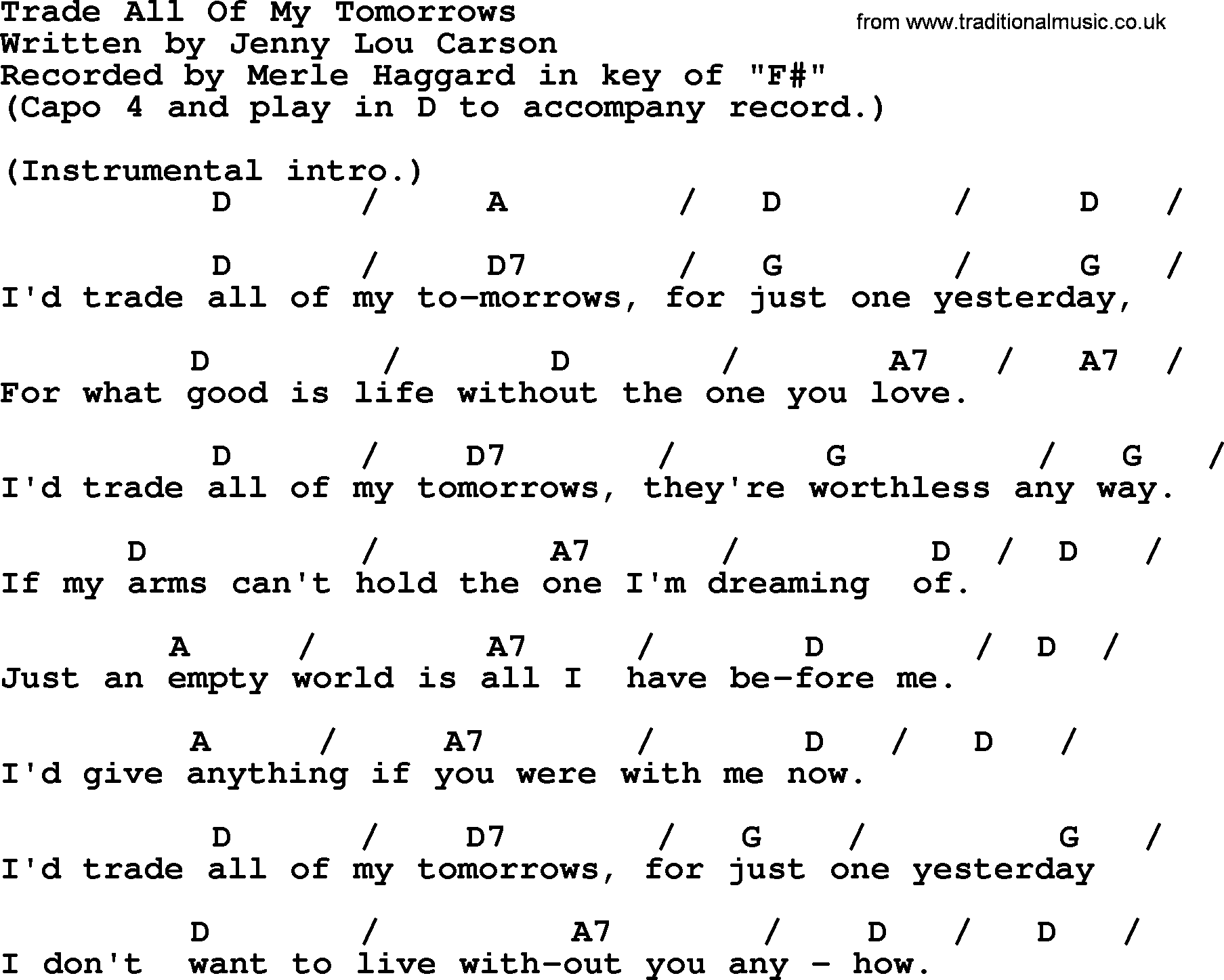 Merle Haggard song: Trade All Of My Tomorrows, lyrics and chords