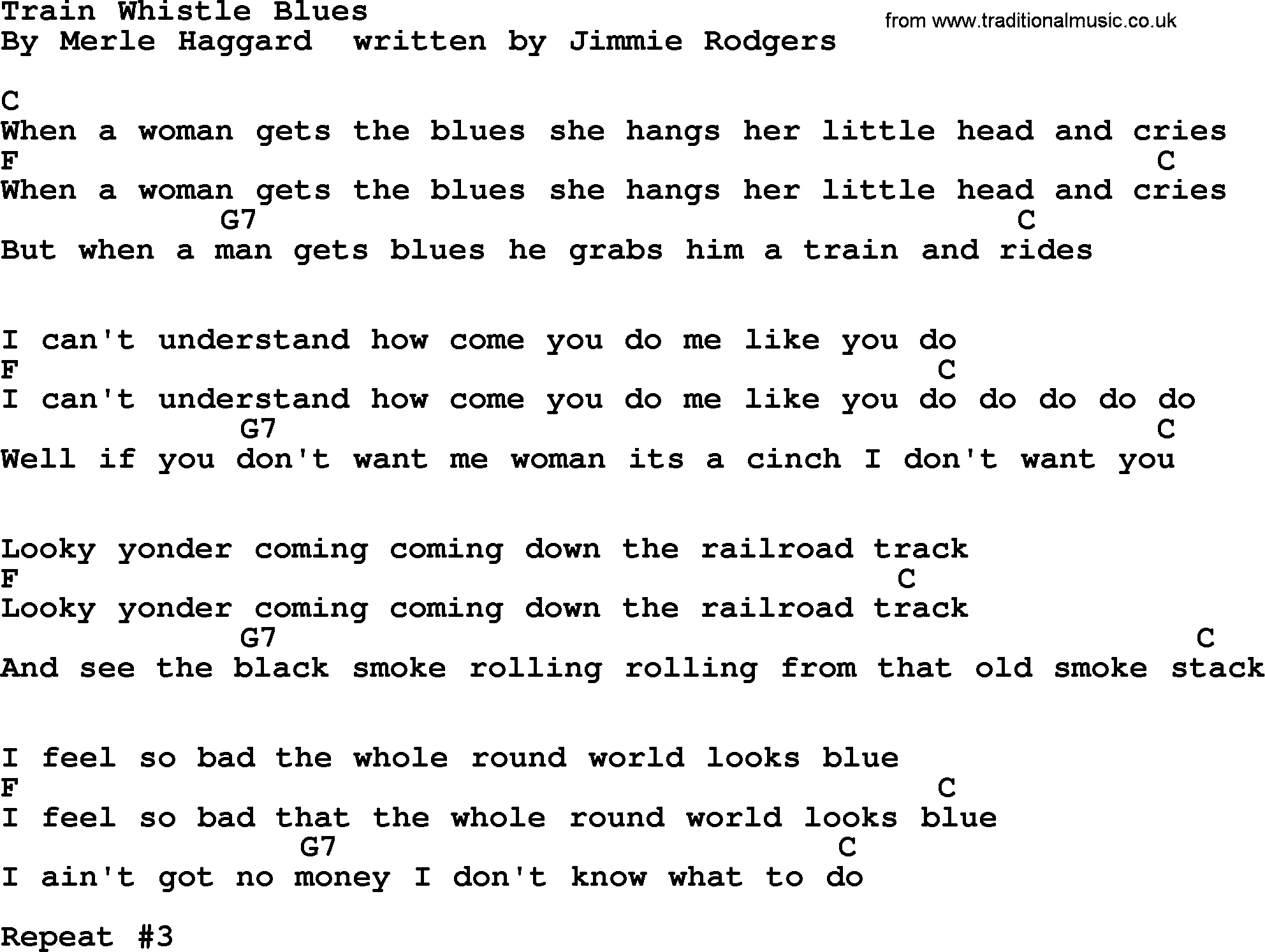 Merle Haggard song: Train Whistle Blues, lyrics and chords