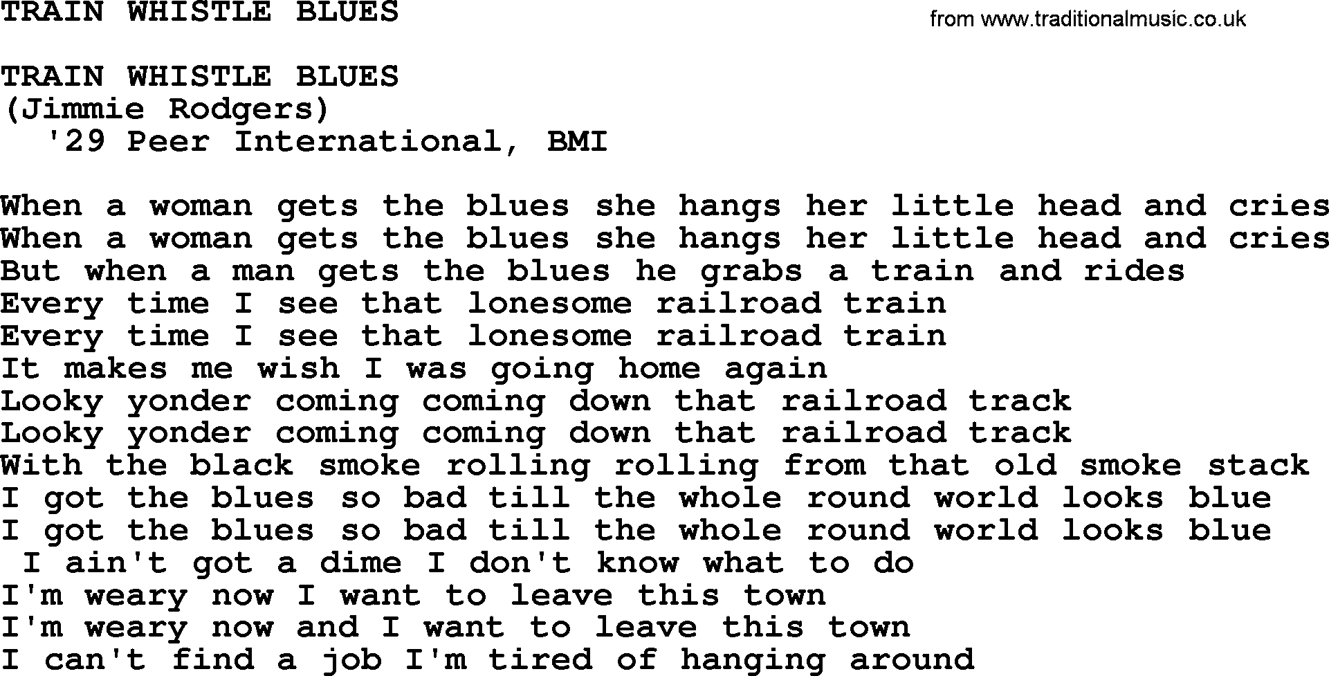 Merle Haggard song: Train Whistle Blues, lyrics.