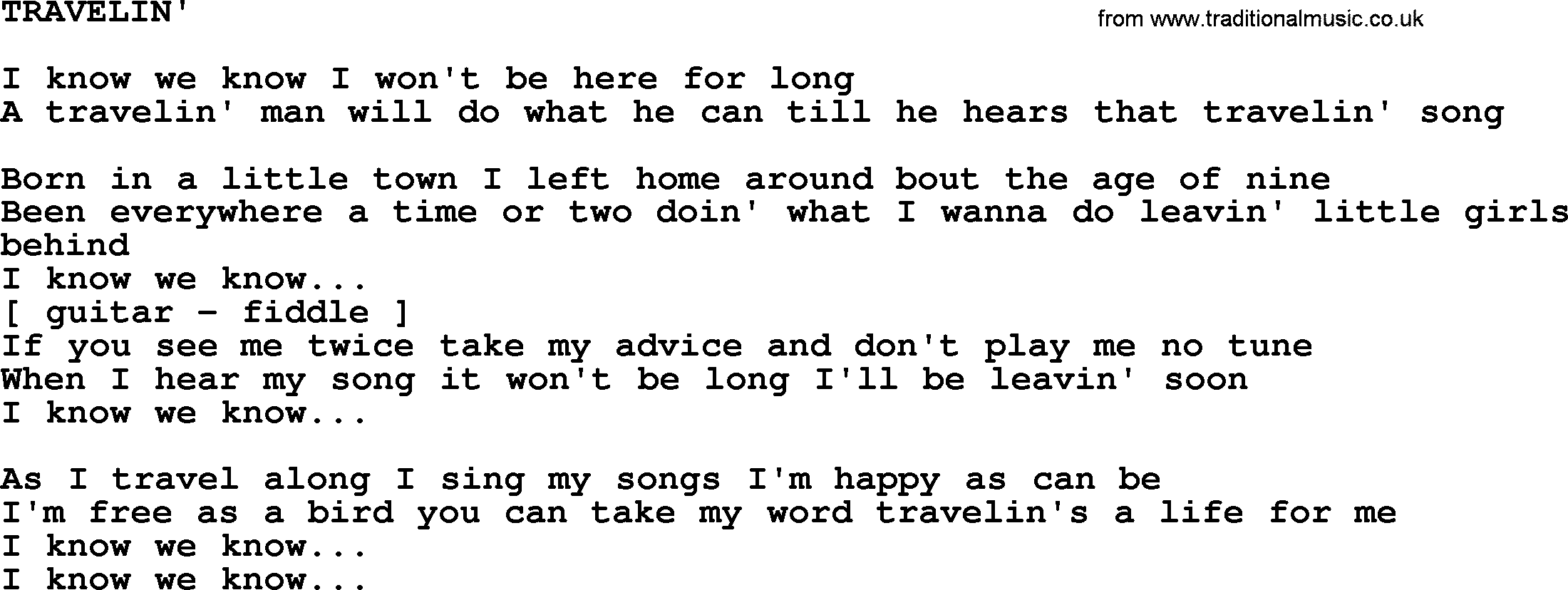Merle Haggard song: Travelin', lyrics.