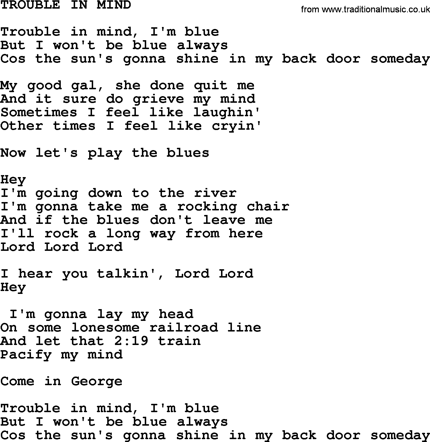 Merle Haggard song: Trouble In Mind, lyrics.