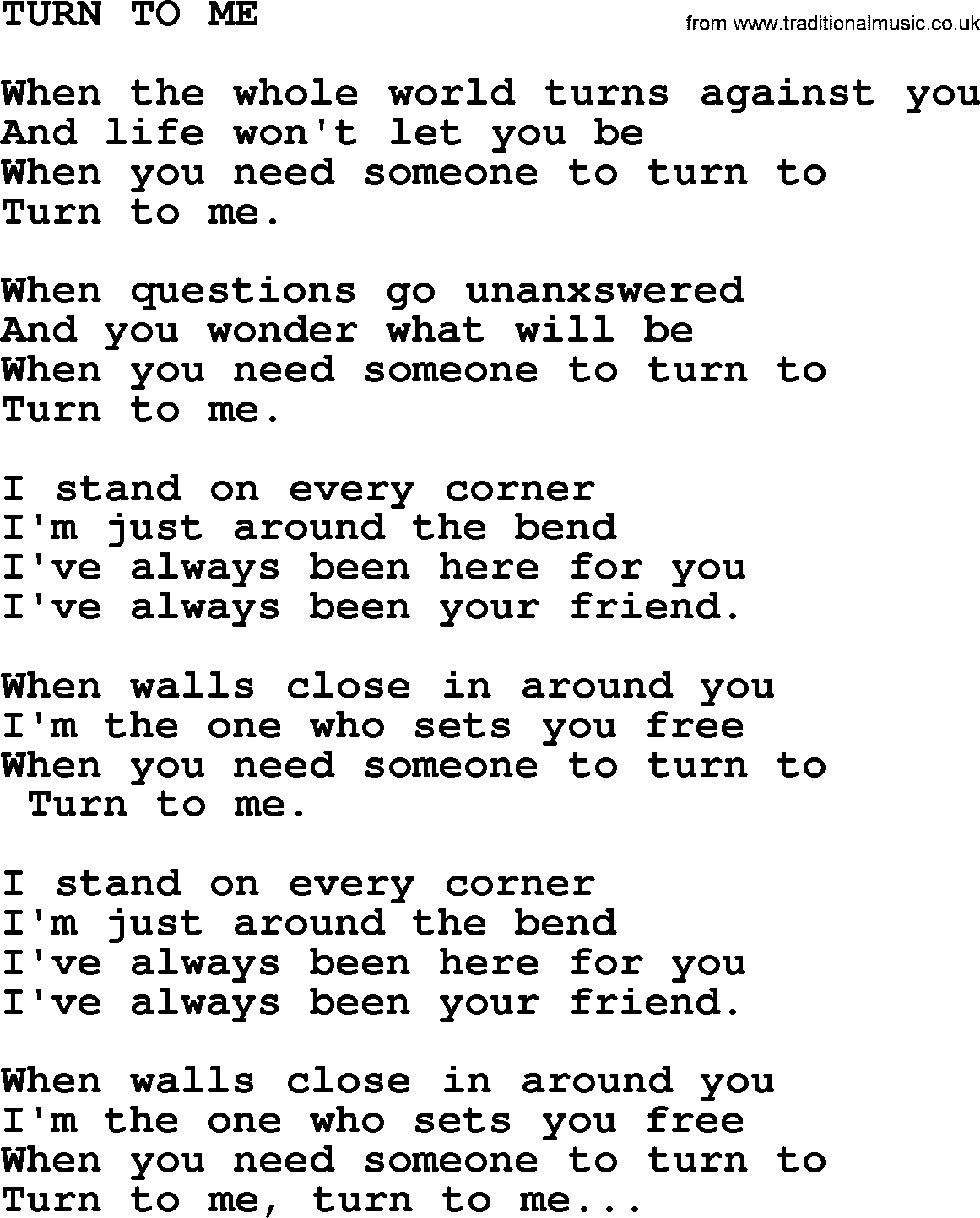Merle Haggard song: Turn To Me, lyrics.