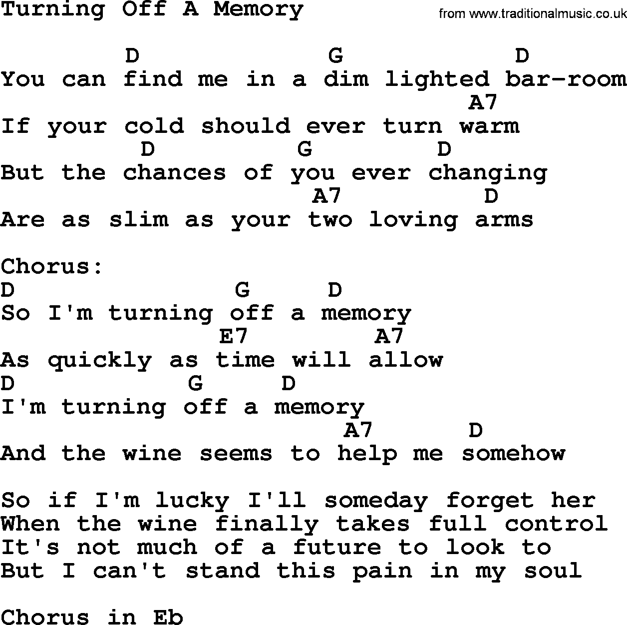 Merle Haggard song: Turning Off A Memory, lyrics and chords