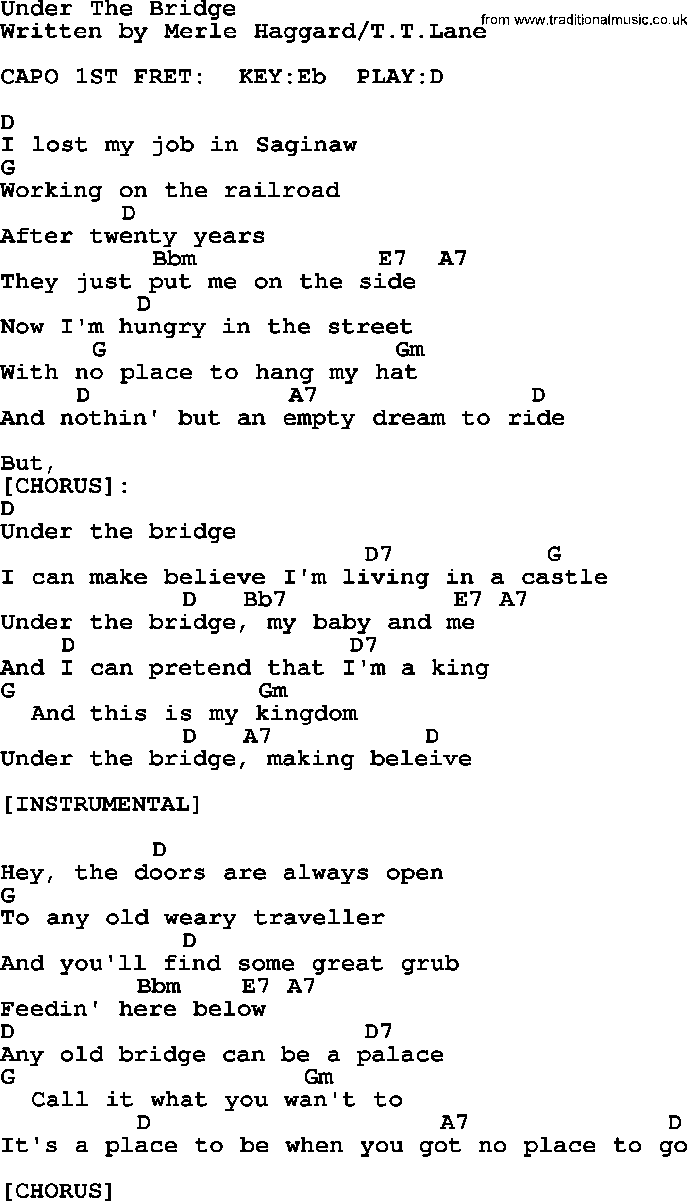 Merle Haggard song: Under The Bridge, lyrics and chords