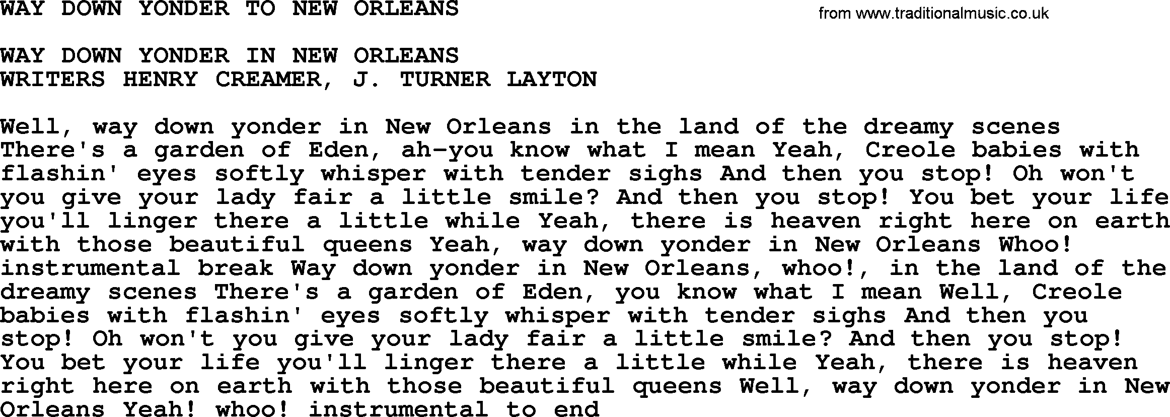 Merle Haggard song: Way Down Yonder To New Orleans, lyrics.