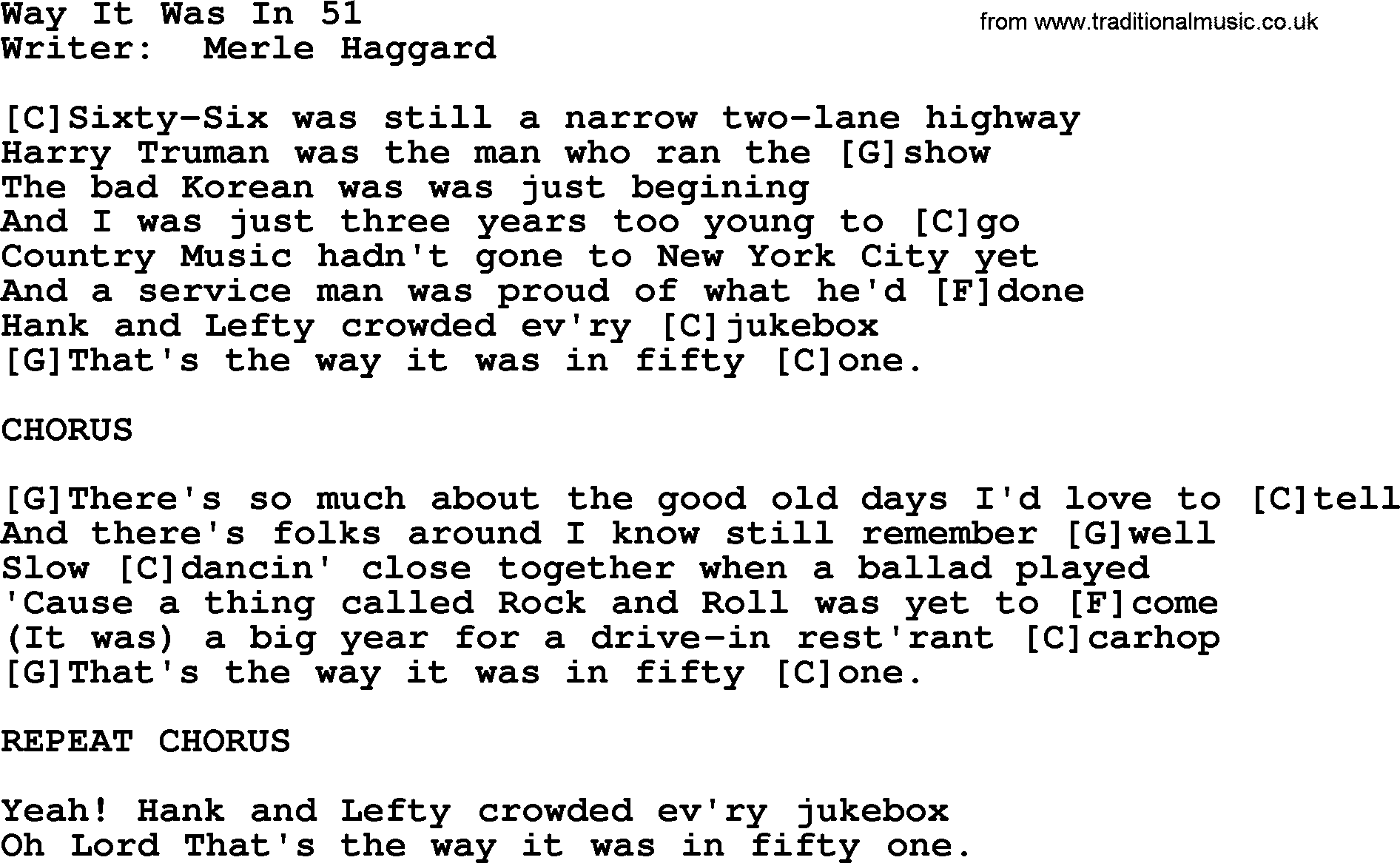 Merle Haggard song: Way It Was In 51, lyrics and chords