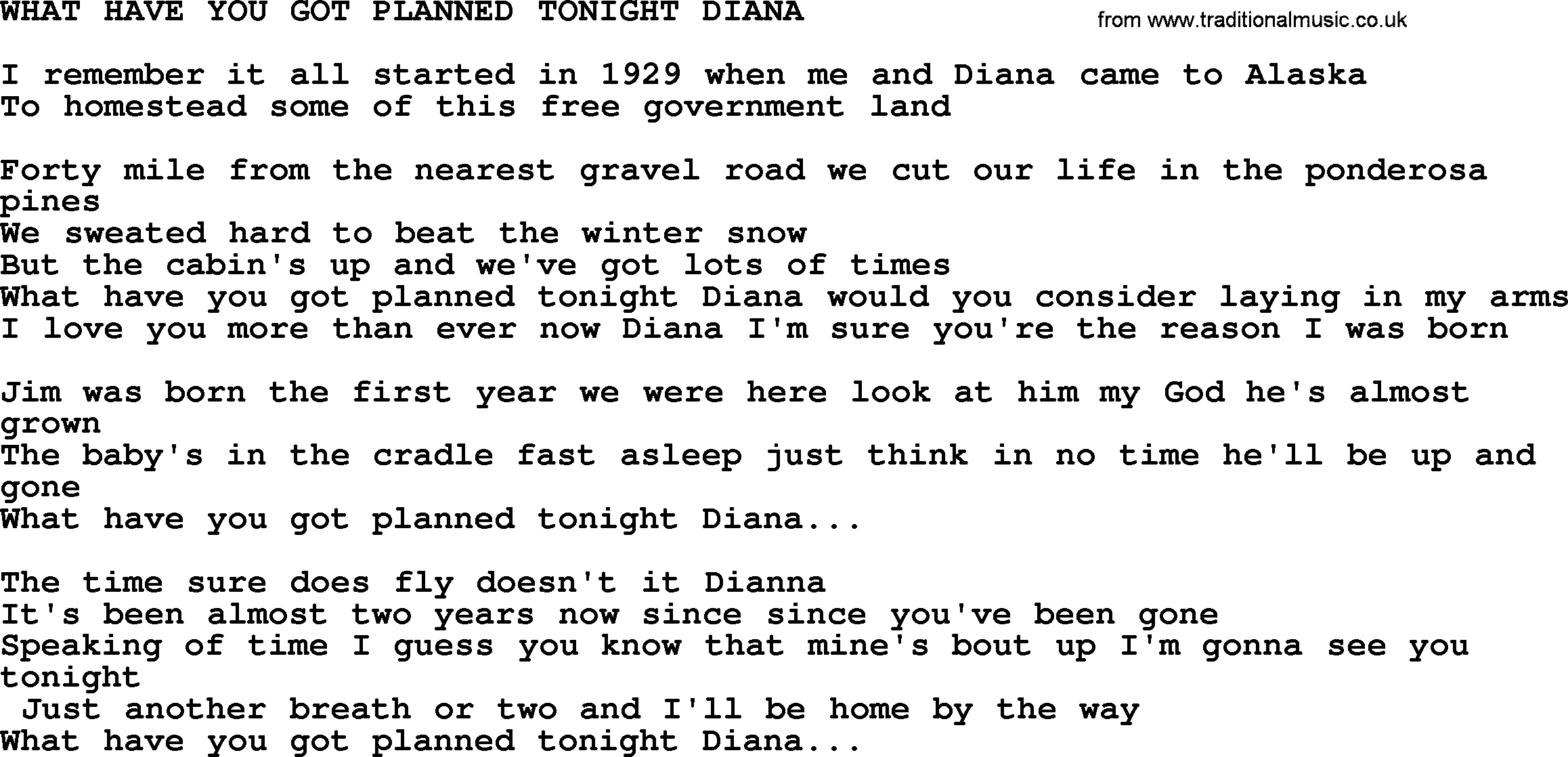 Merle Haggard song: What Have You Got Planned Tonight Diana, lyrics.
