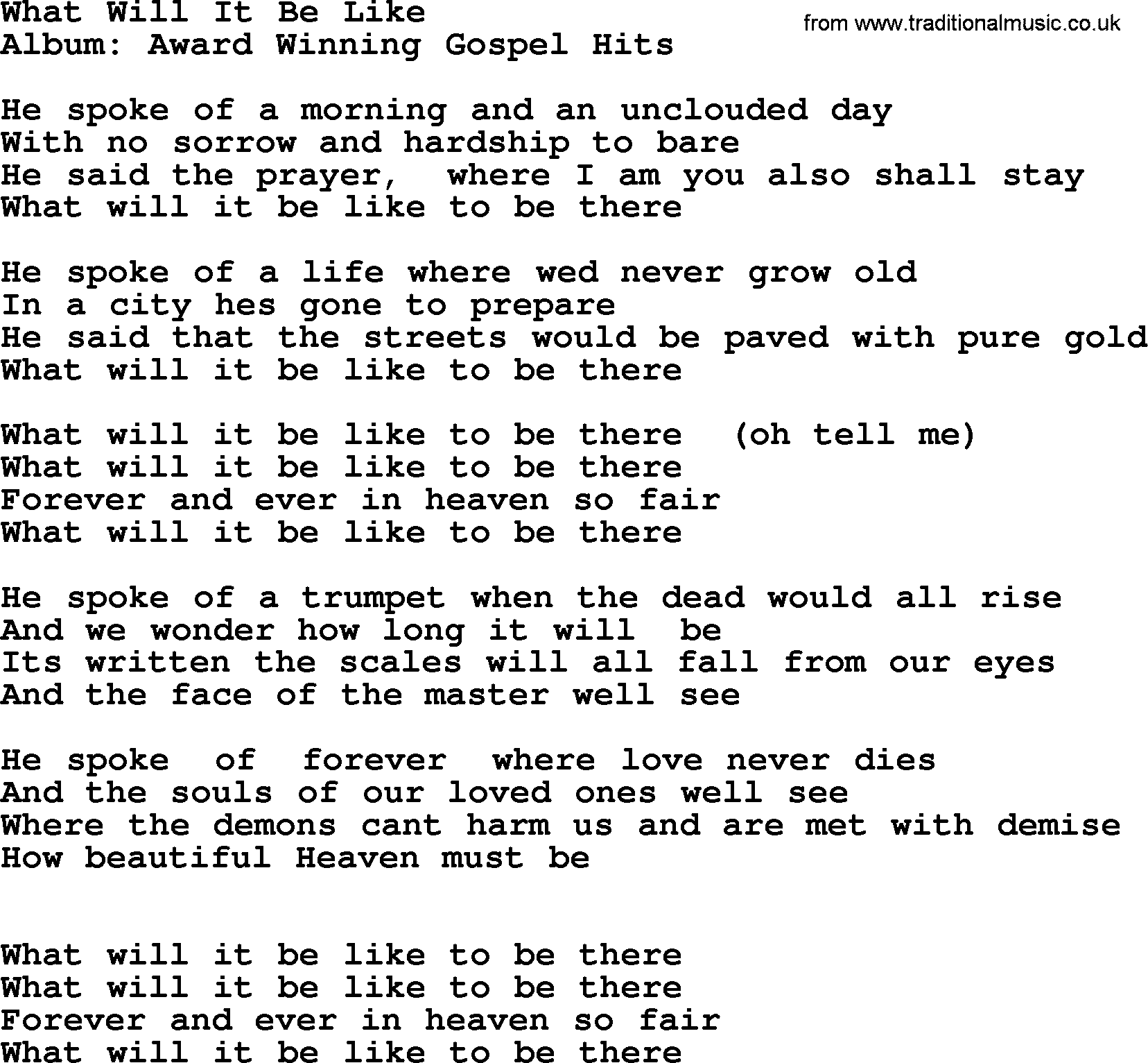 Merle Haggard song: What Will It Be Like, lyrics.