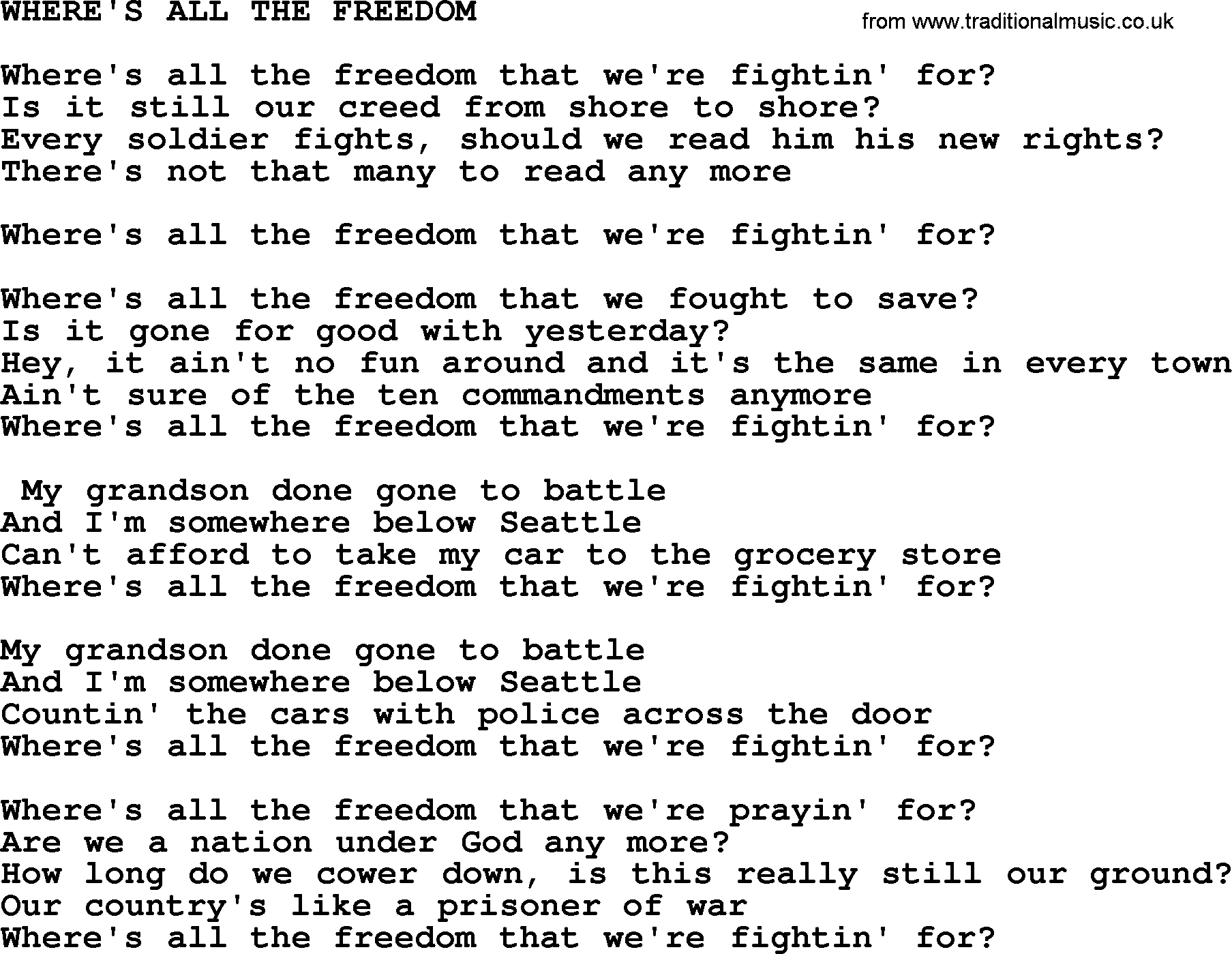 Merle Haggard song: Where's All The Freedom, lyrics.
