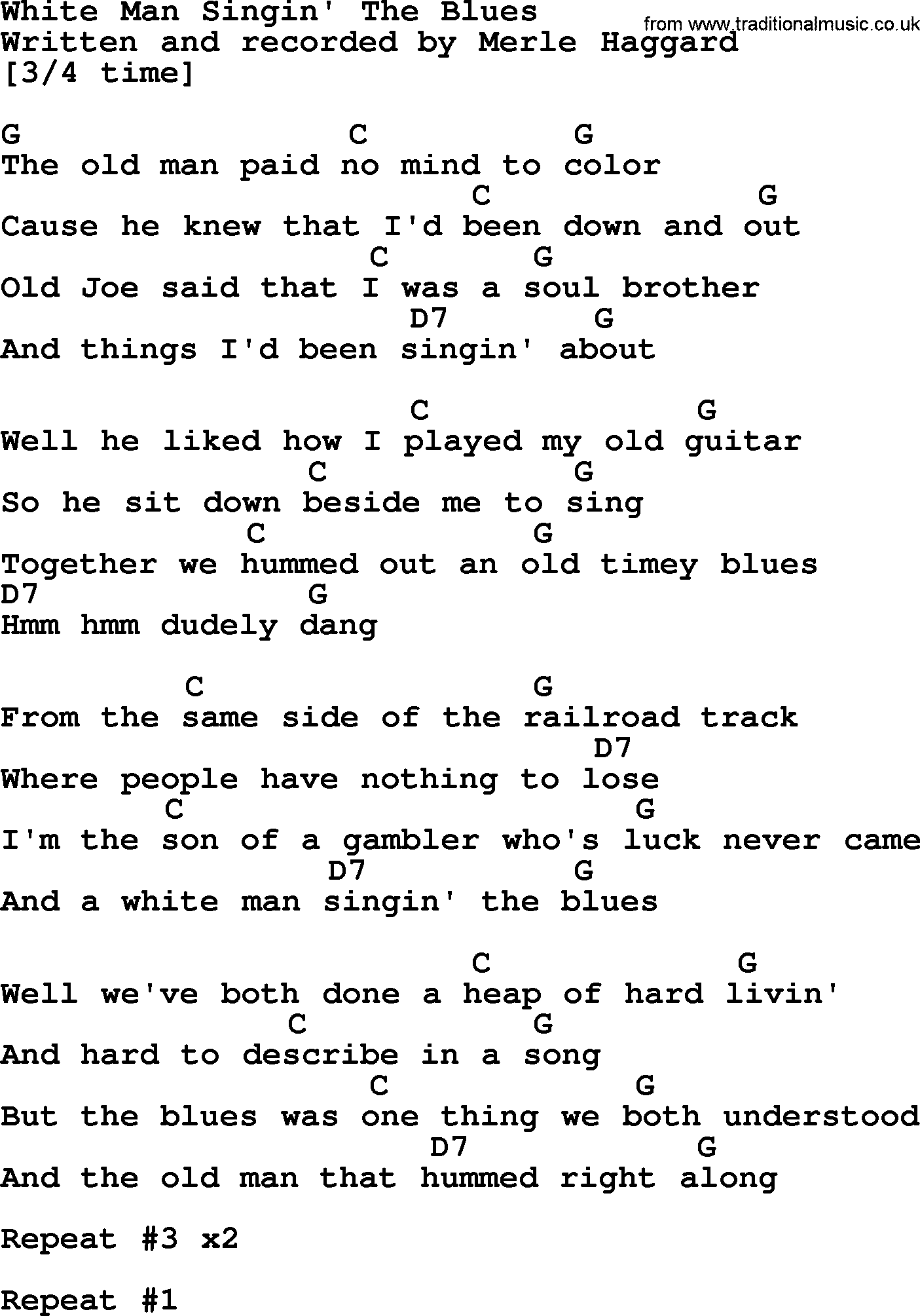 Merle Haggard song: White Man Singin' The Blues, lyrics and chords