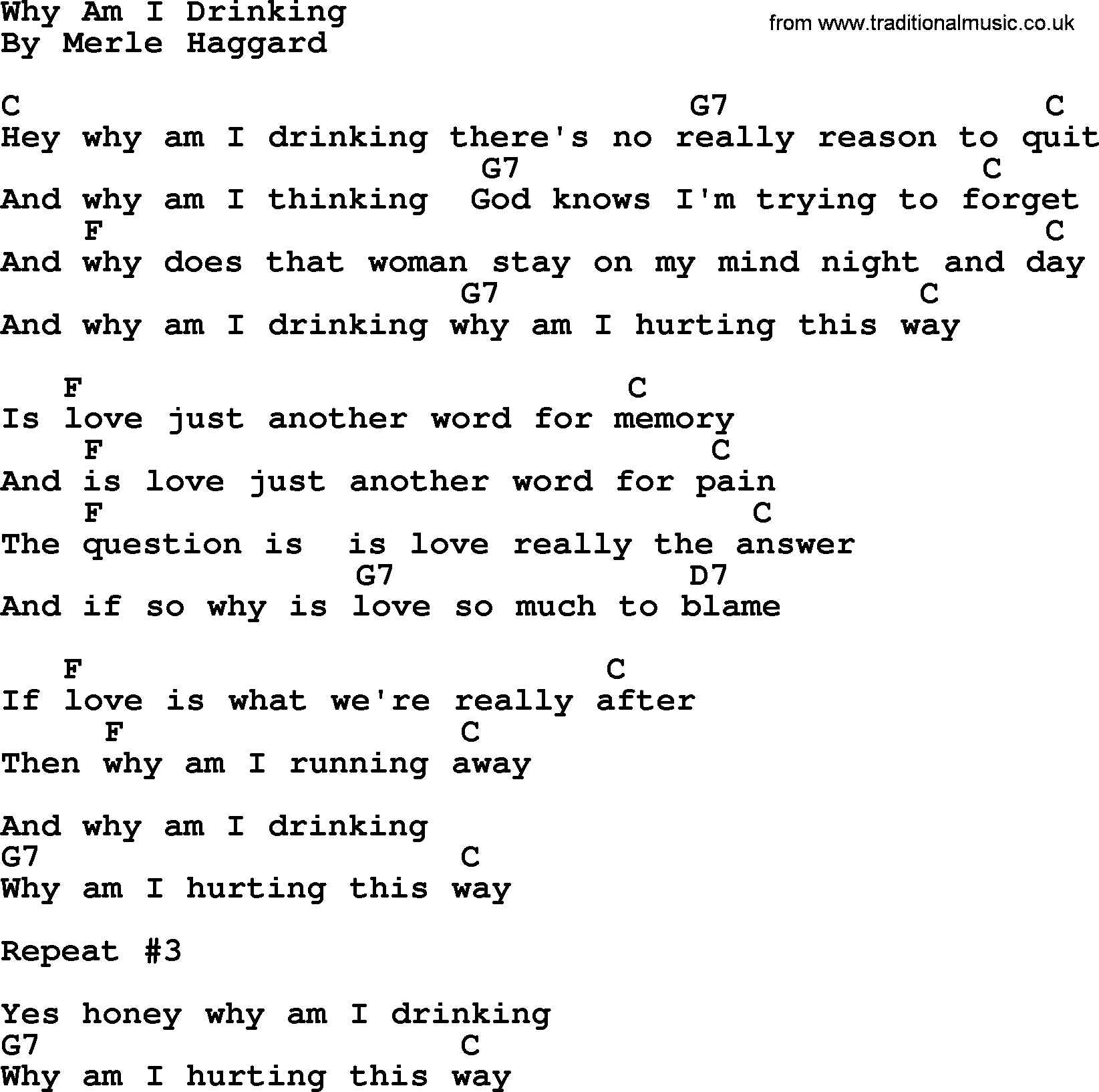 Merle Haggard song: Why Am I Drinking, lyrics and chords