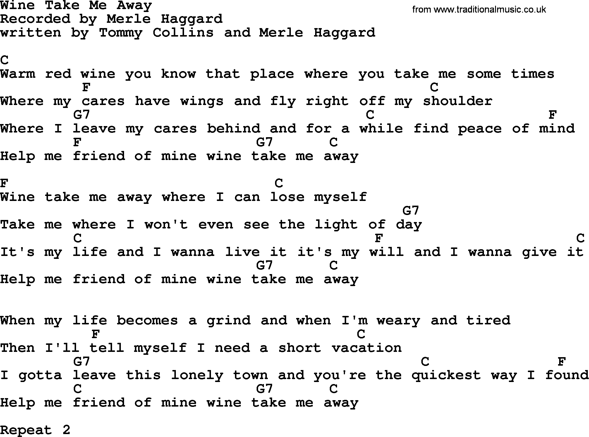 Merle Haggard song: Wine Take Me Away, lyrics and chords