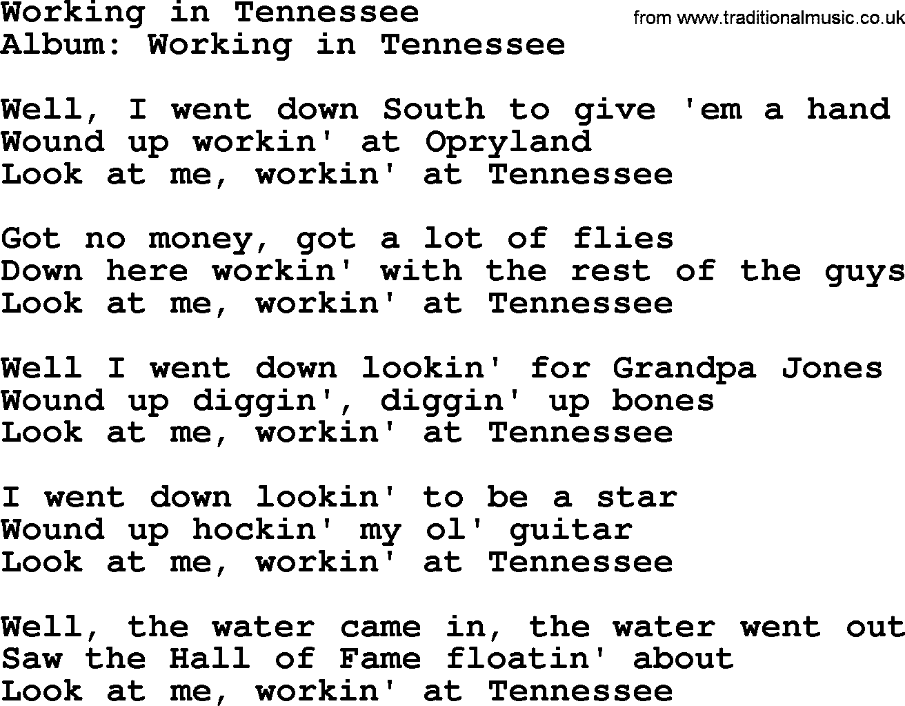 Merle Haggard song: Working In Tennessee, lyrics.