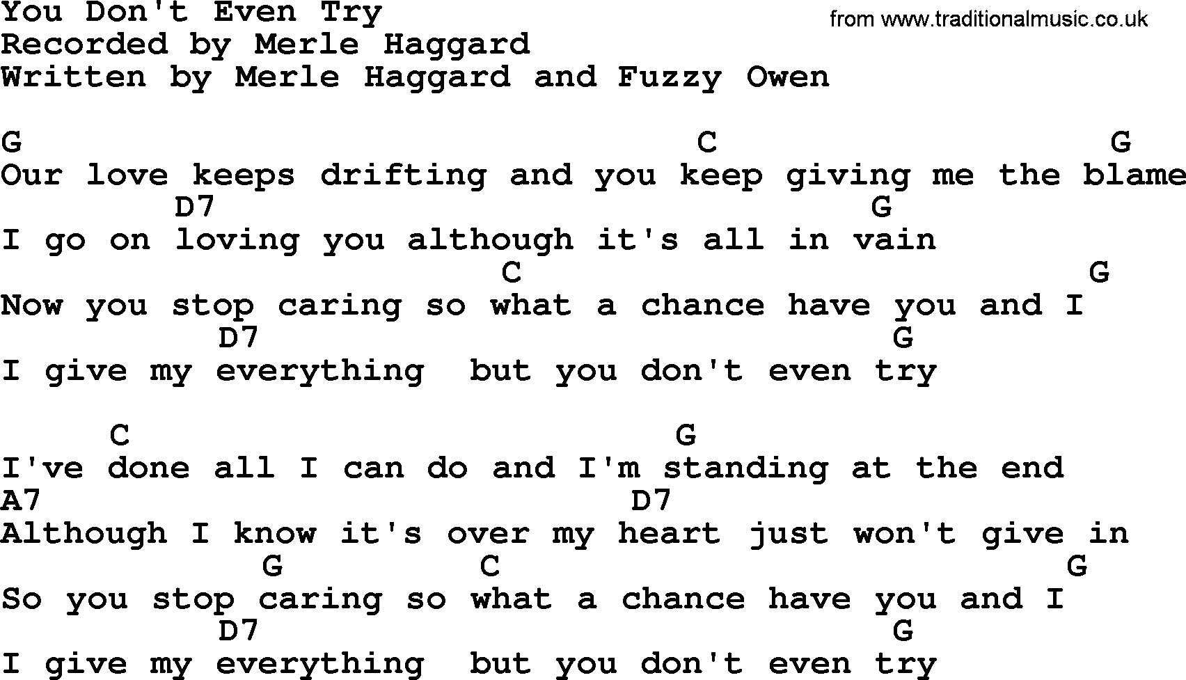 Merle Haggard song: You Don't Even Try, lyrics and chords