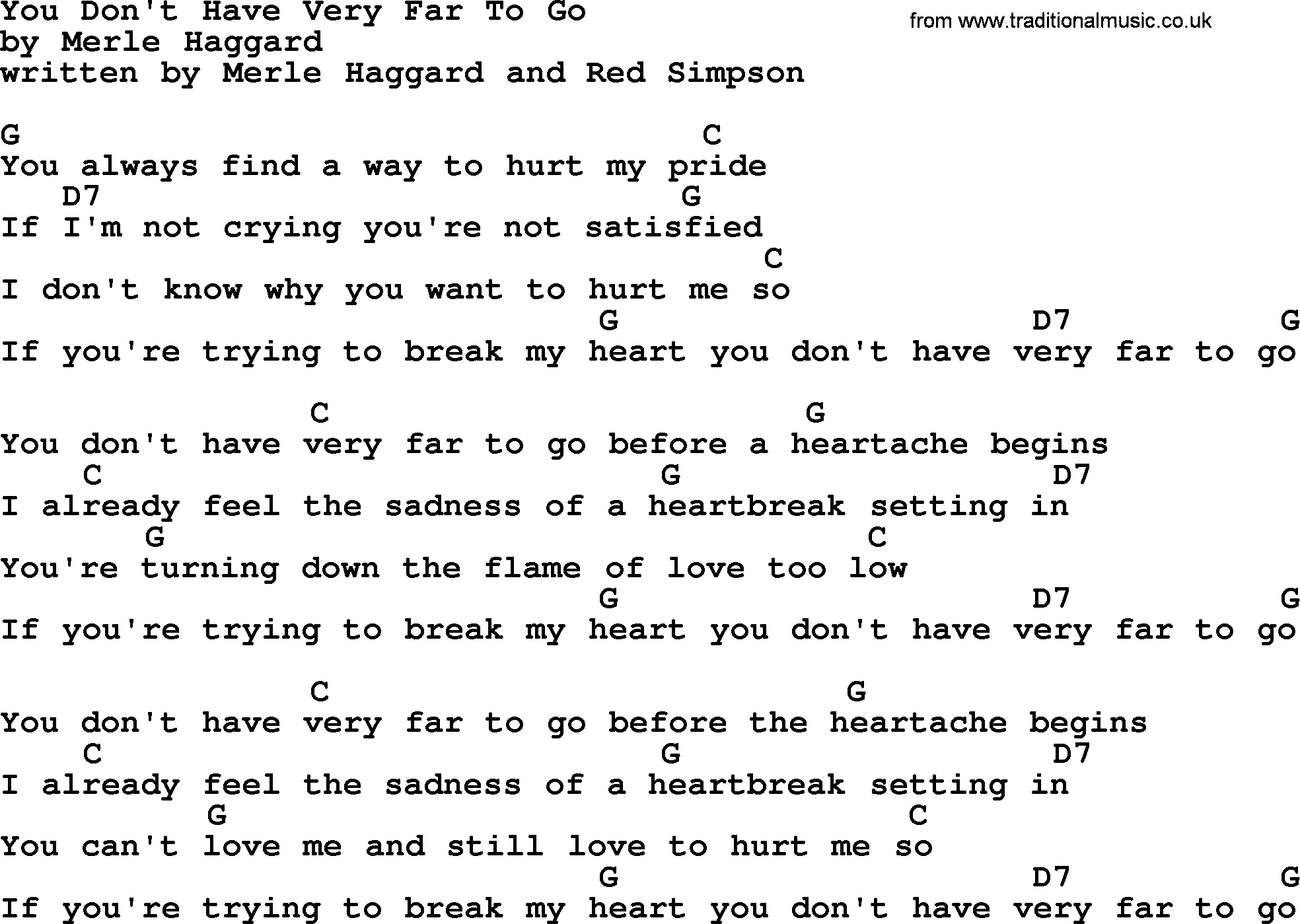 Merle Haggard song: You Don't Have Very Far To Go, lyrics and chords