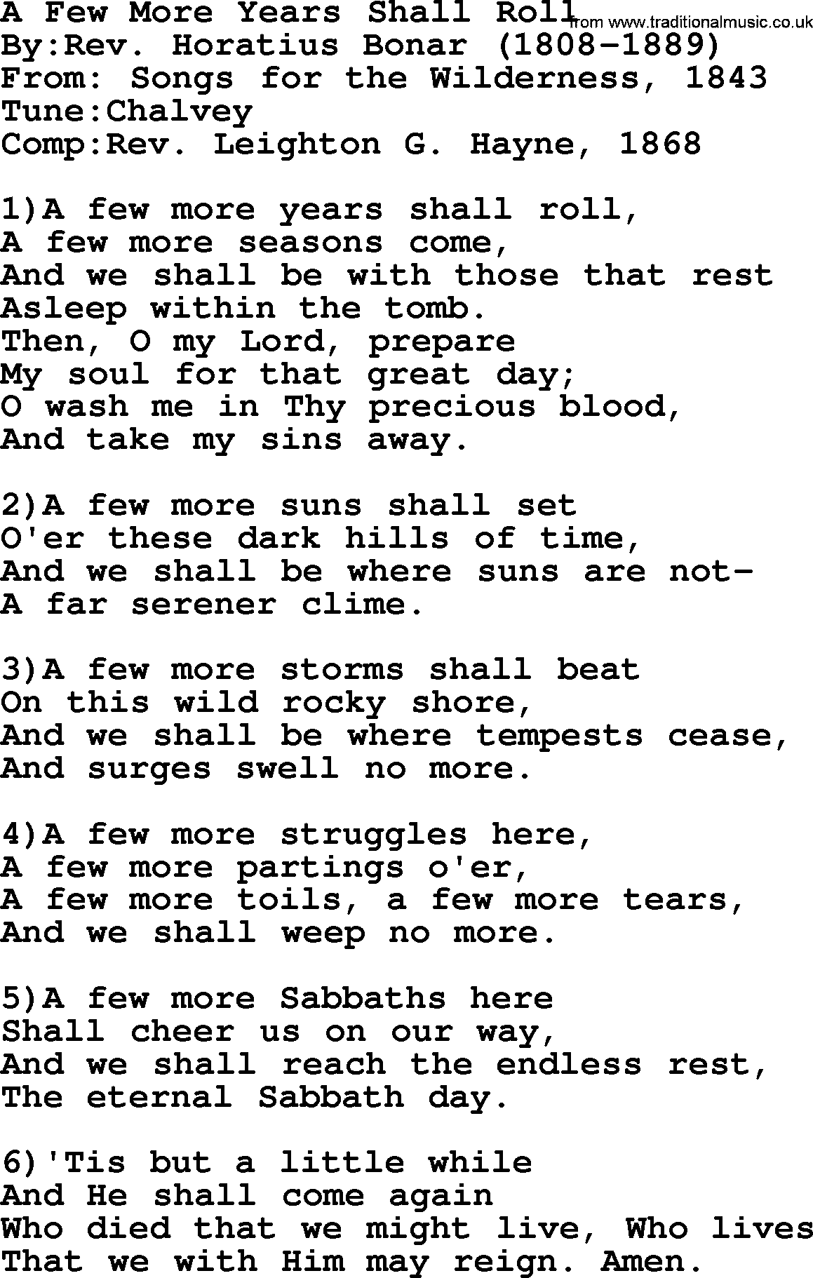 Methodist Hymn: A Few More Years Shall Roll, lyrics