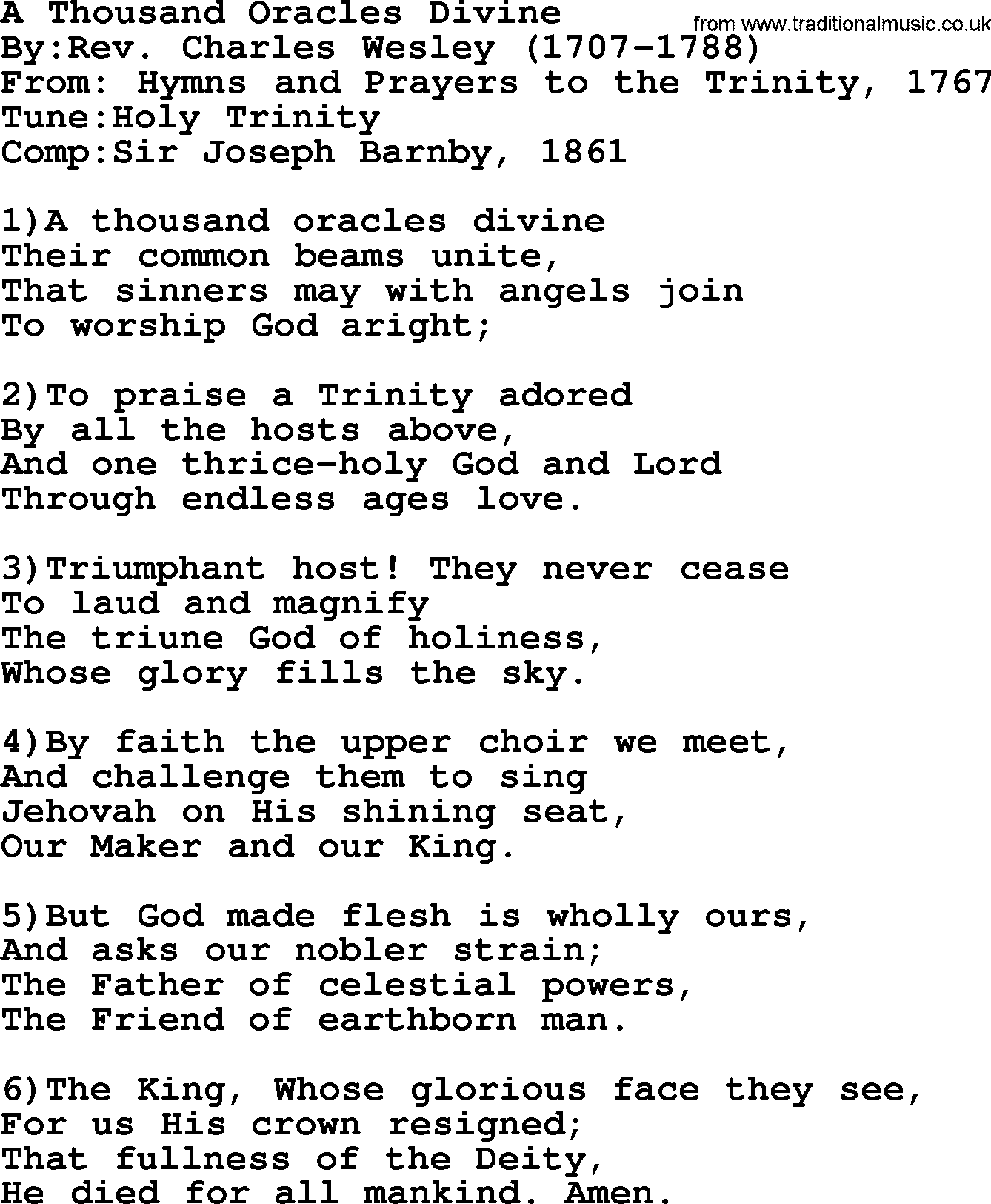 Methodist Hymn: A Thousand Oracles Divine, lyrics