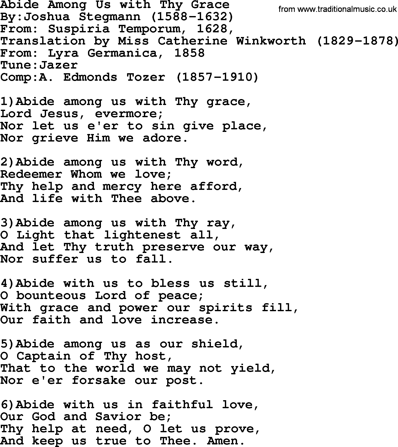 Methodist Hymn: Abide Among Us With Thy Grace, lyrics
