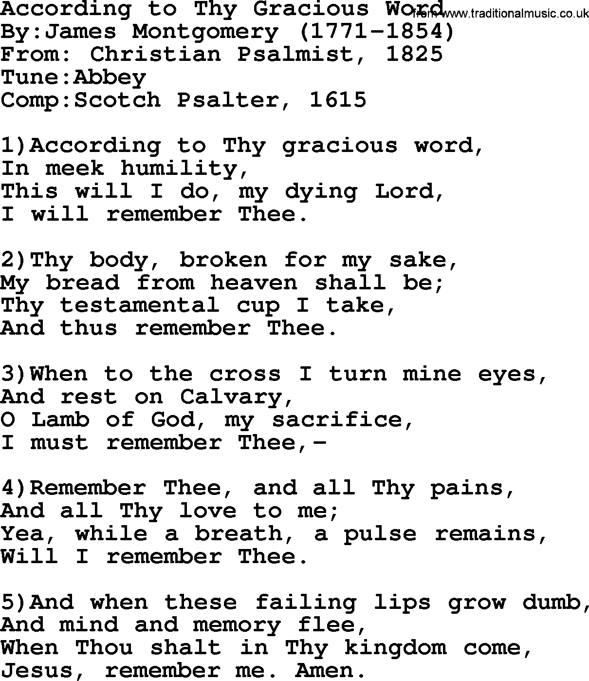 Methodist Hymn: According To Thy Gracious Word, lyrics