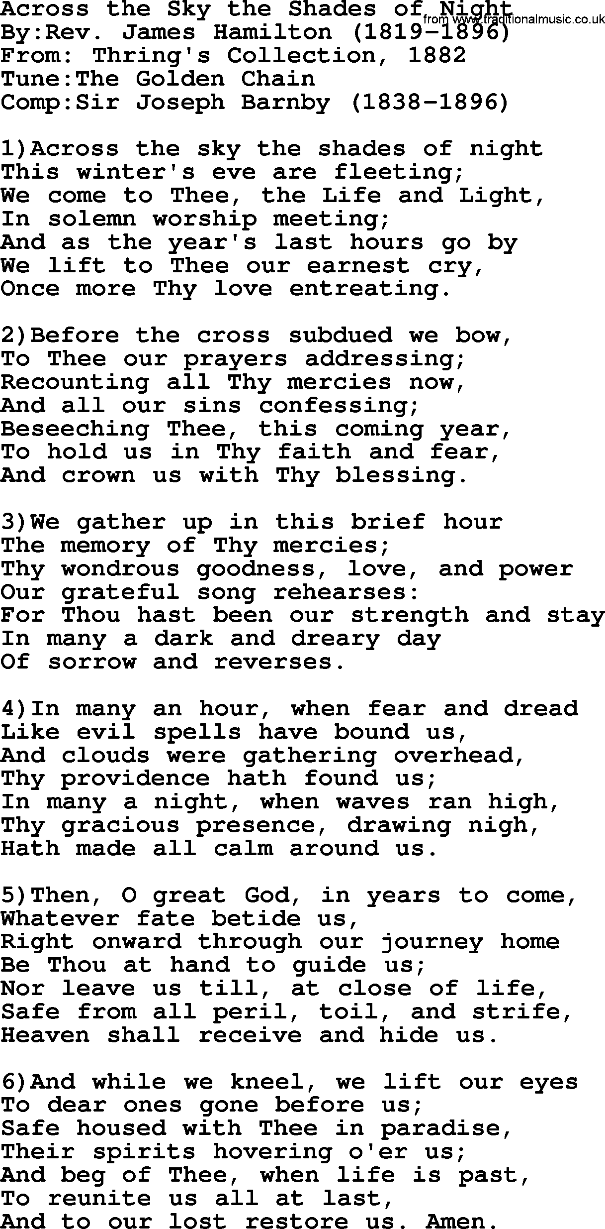 Methodist Hymn: Across The Sky The Shades Of Night, lyrics
