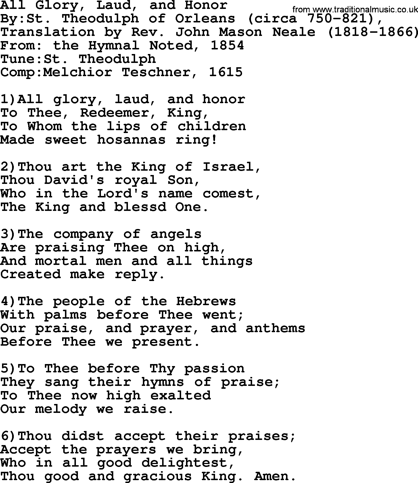 Methodist Hymn: All Glory, Laud, And Honor, lyrics