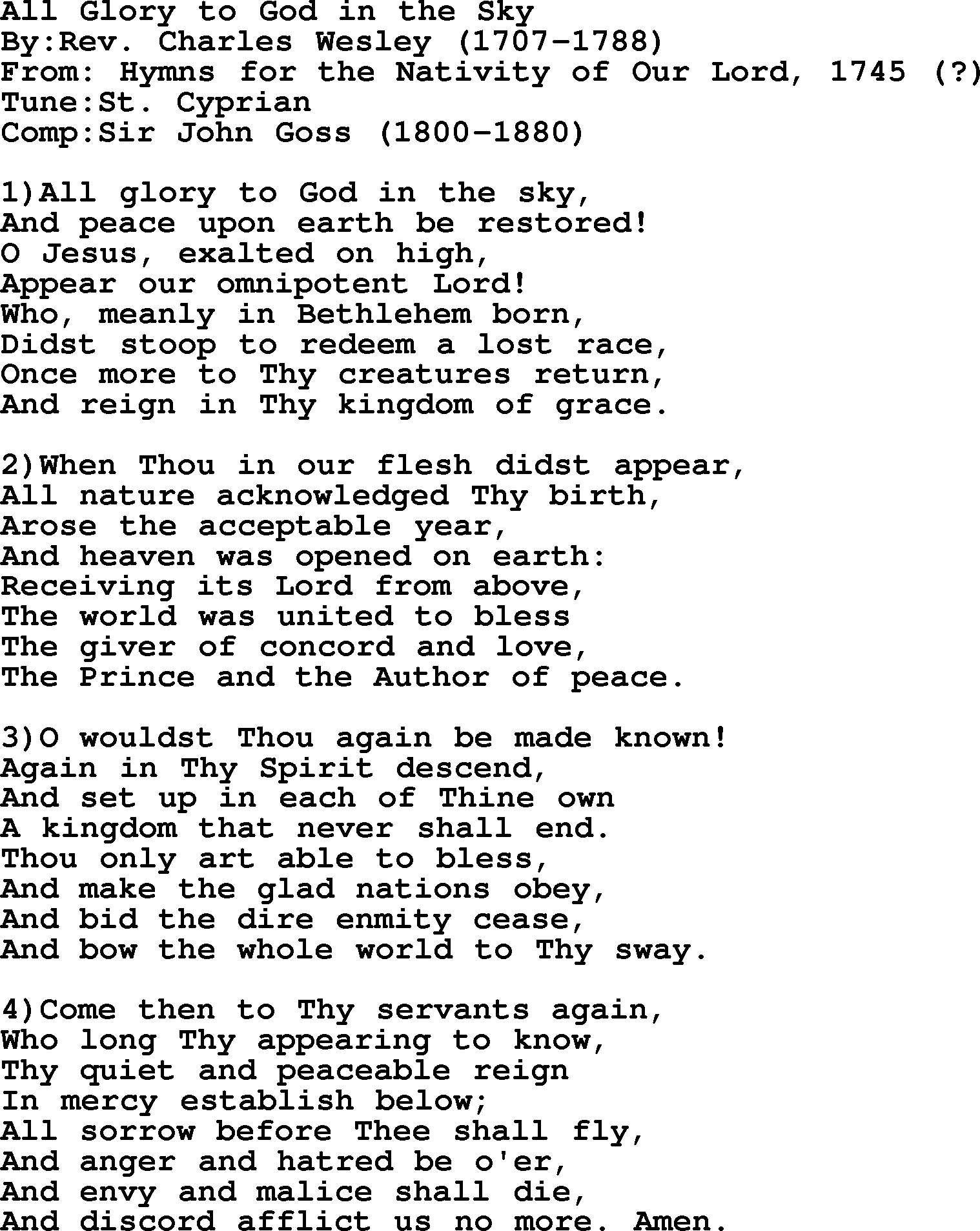 Methodist Hymn: All Glory To God In The Sky, lyrics