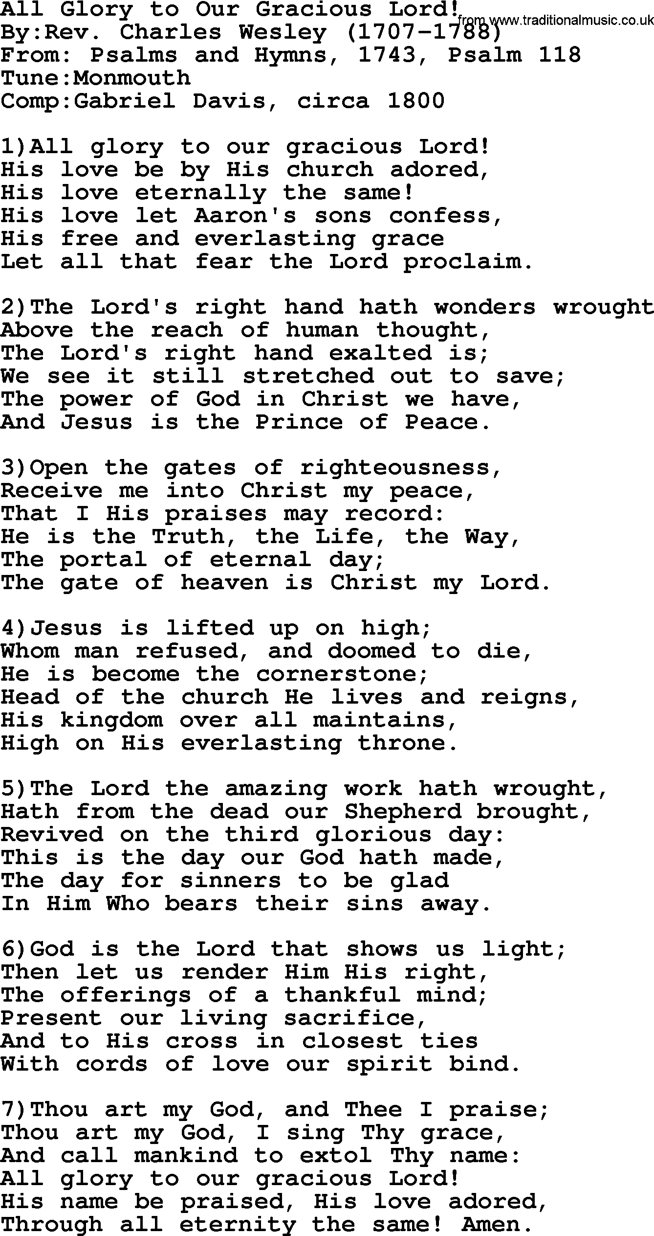 Methodist Hymn: All Glory To Our Gracious Lord!, lyrics