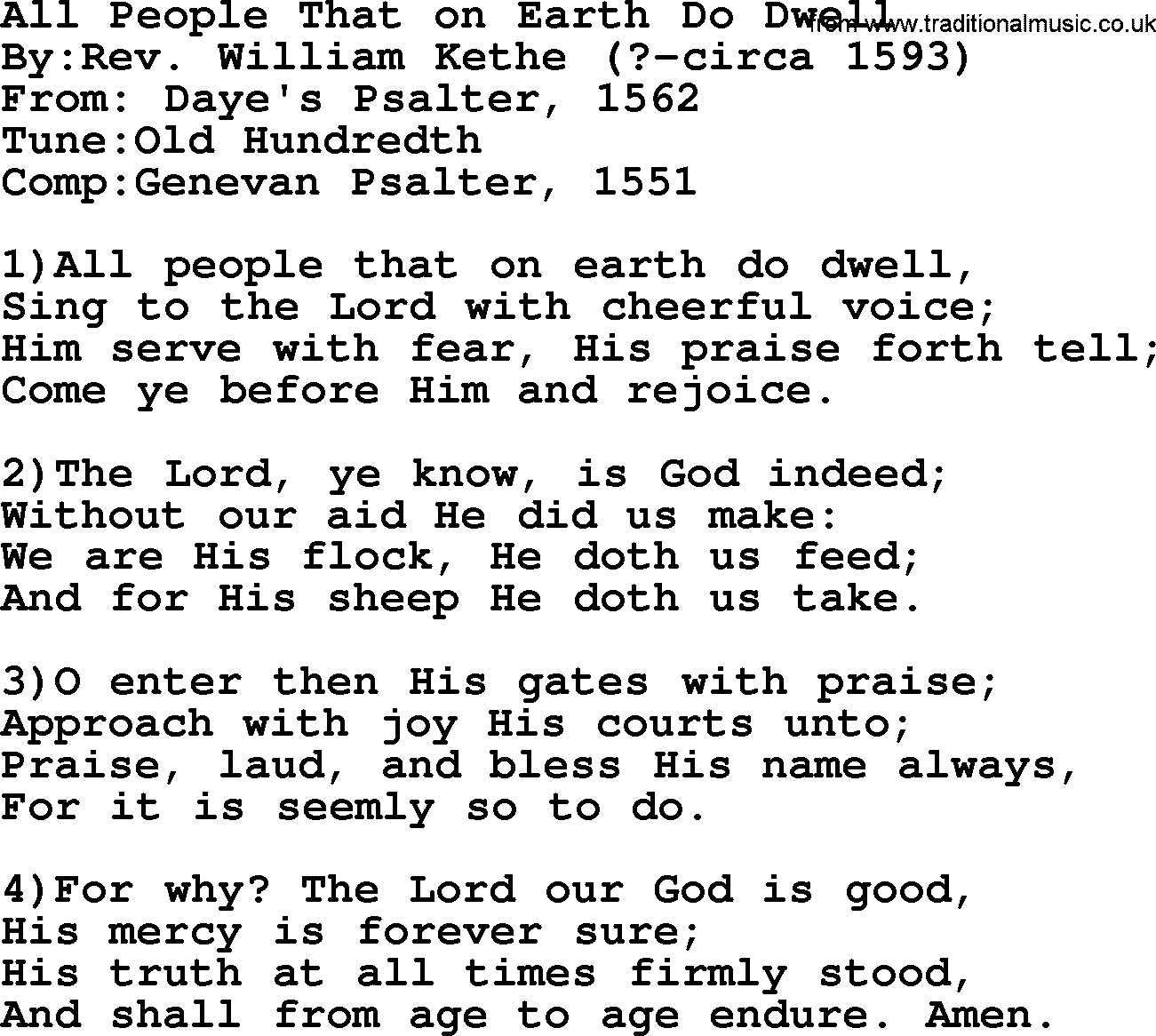 Methodist Hymn: All People That On Earth Do Dwell, lyrics