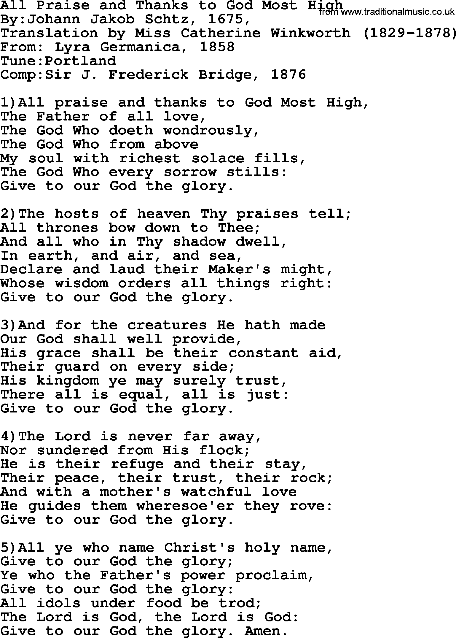 Methodist Hymn: All Praise And Thanks To God Most High, lyrics