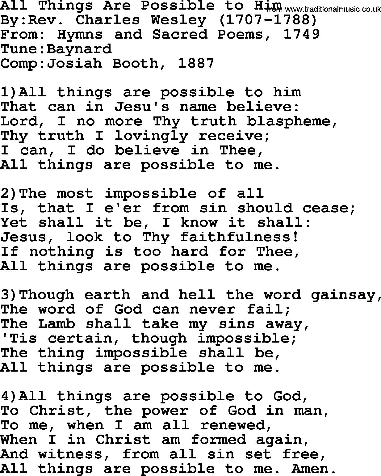 Methodist Hymn: All Things Are Possible To Him, lyrics