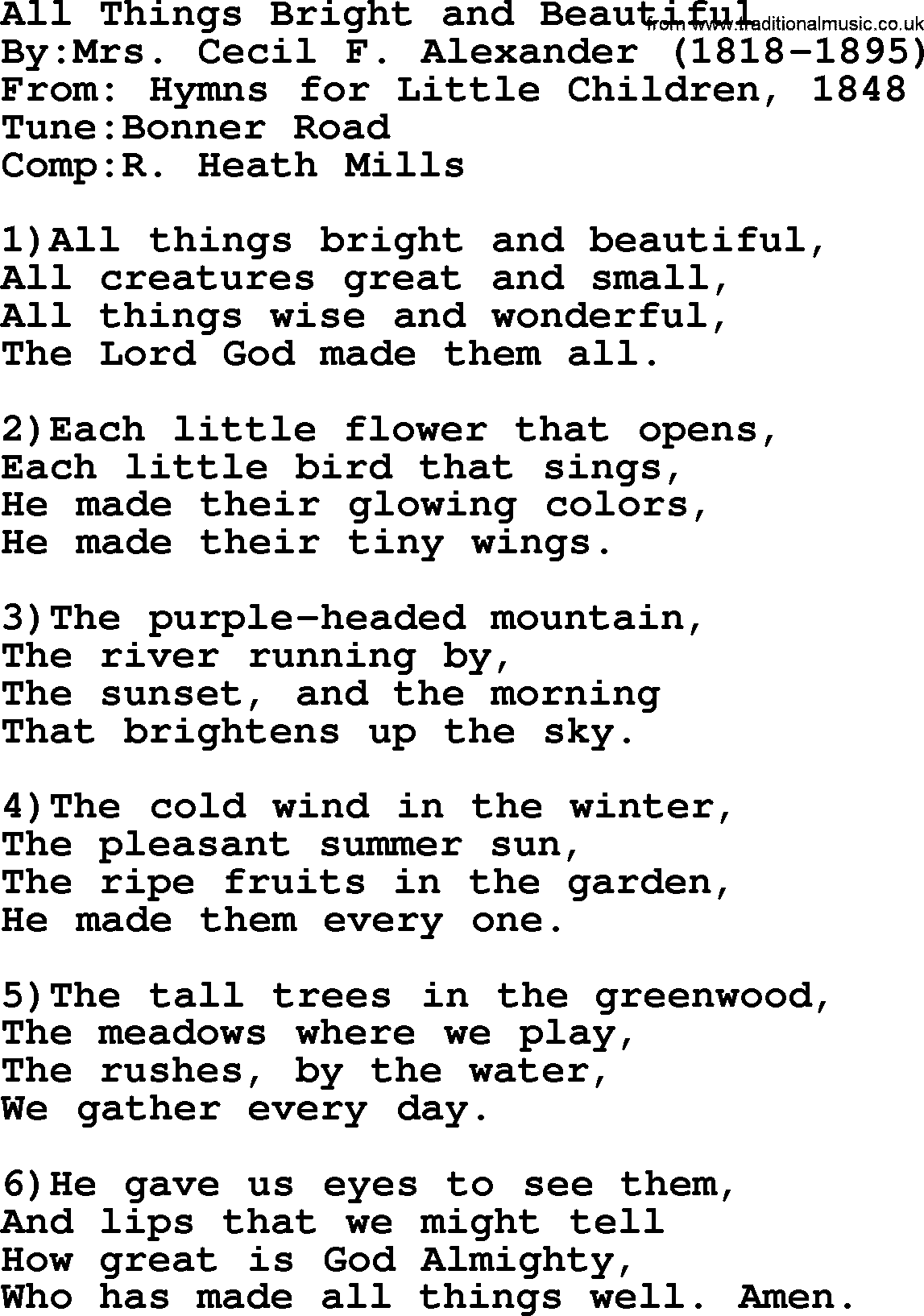 Methodist Hymn: All Things Bright And Beautiful, lyrics