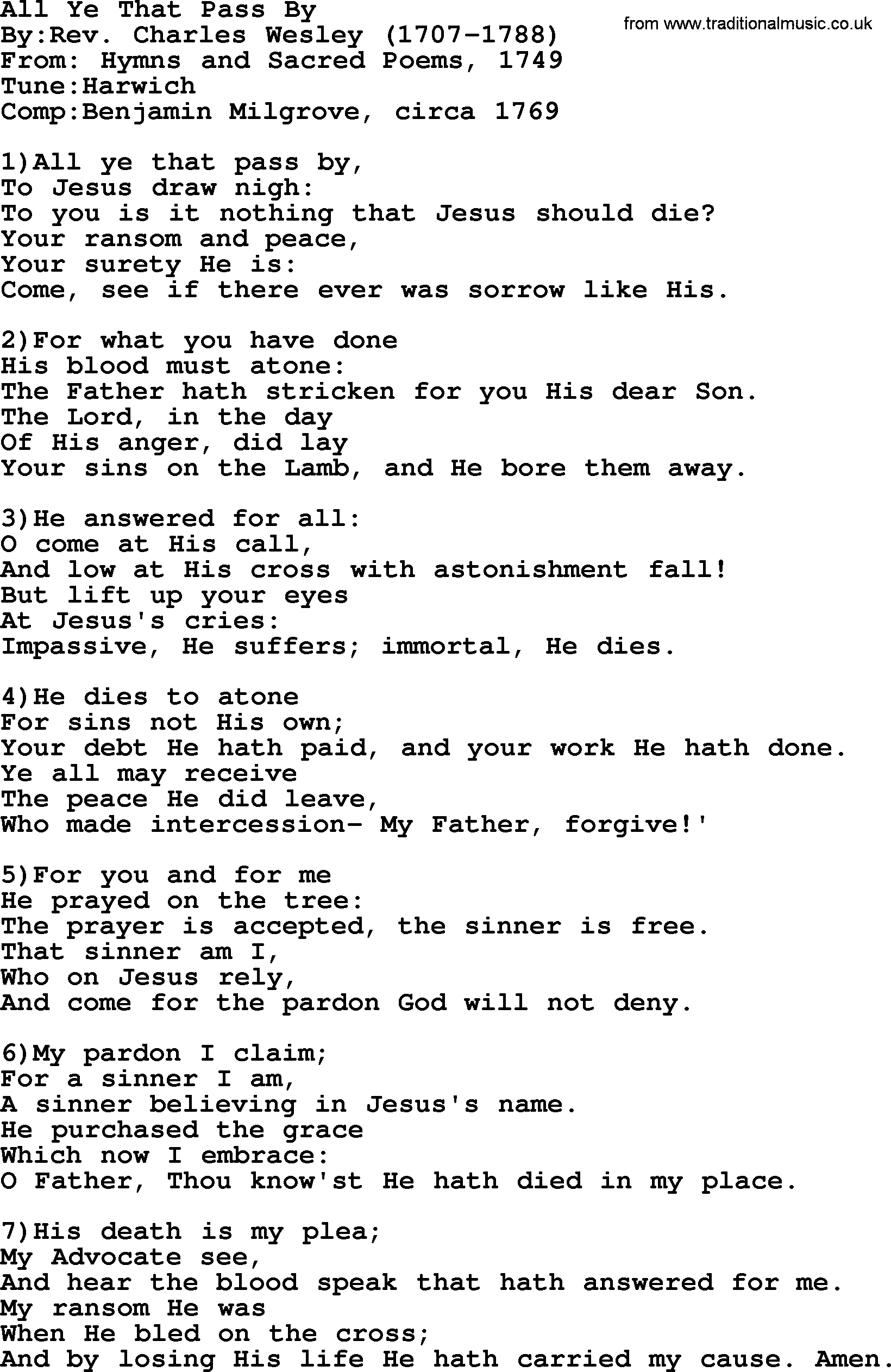 Methodist Hymn: All Ye That Pass By, lyrics