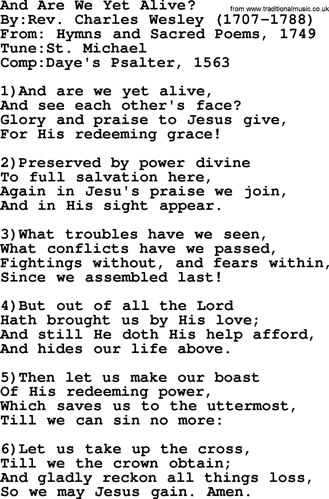 Methodist Hymn: And Are We Yet Alive, lyrics