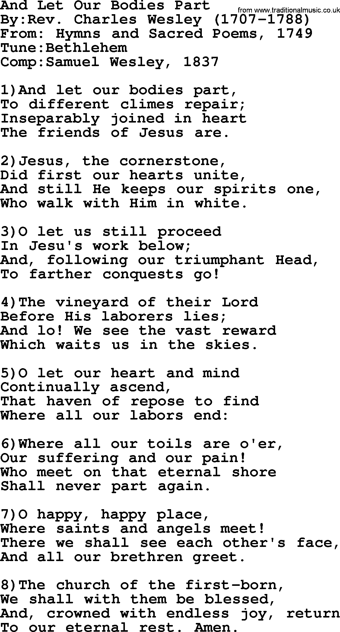 Methodist Hymn: And Let Our Bodies Part, lyrics