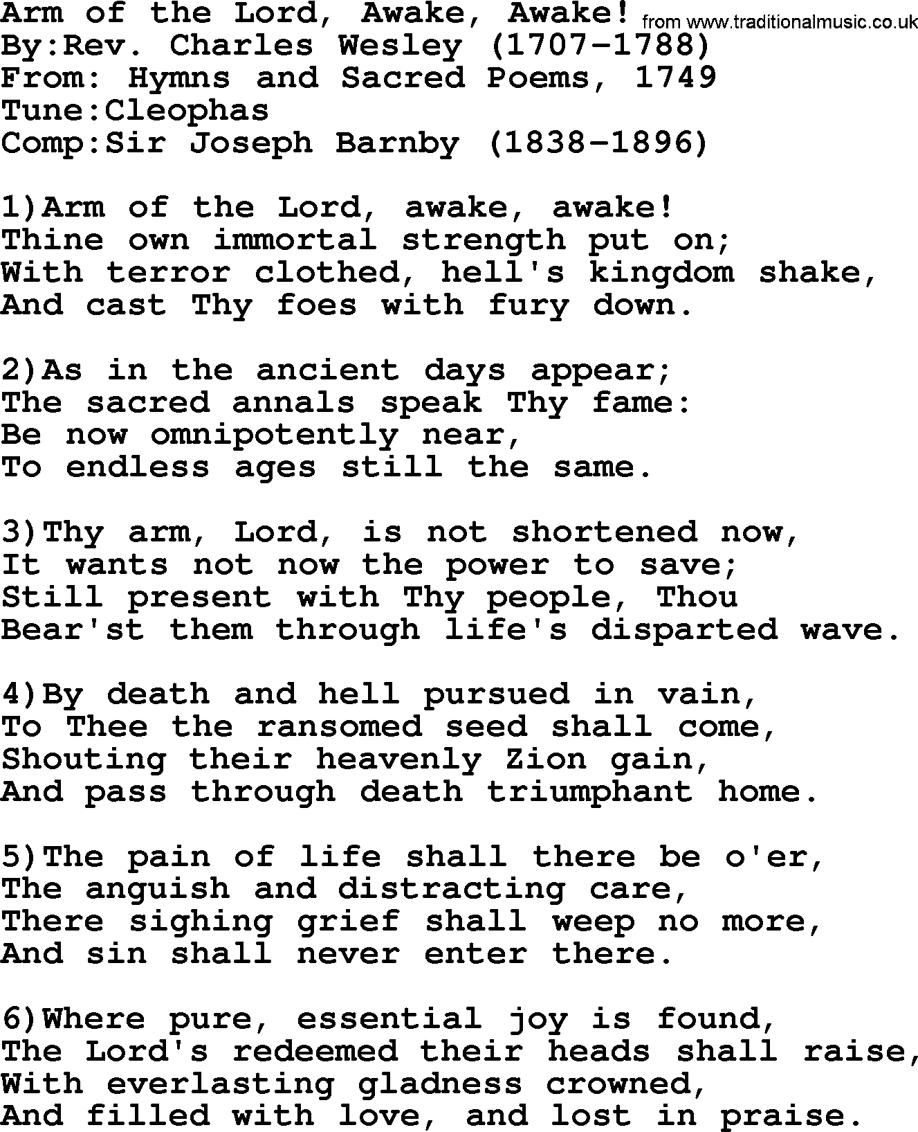 Methodist Hymn: Arm Of The Lord, Awake, Awake!, lyrics