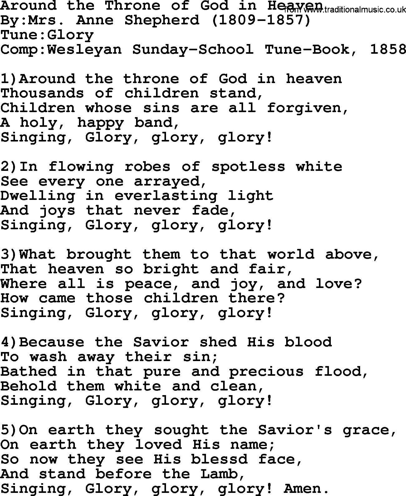 Methodist Hymn: Around The Throne Of God In Heaven, lyrics