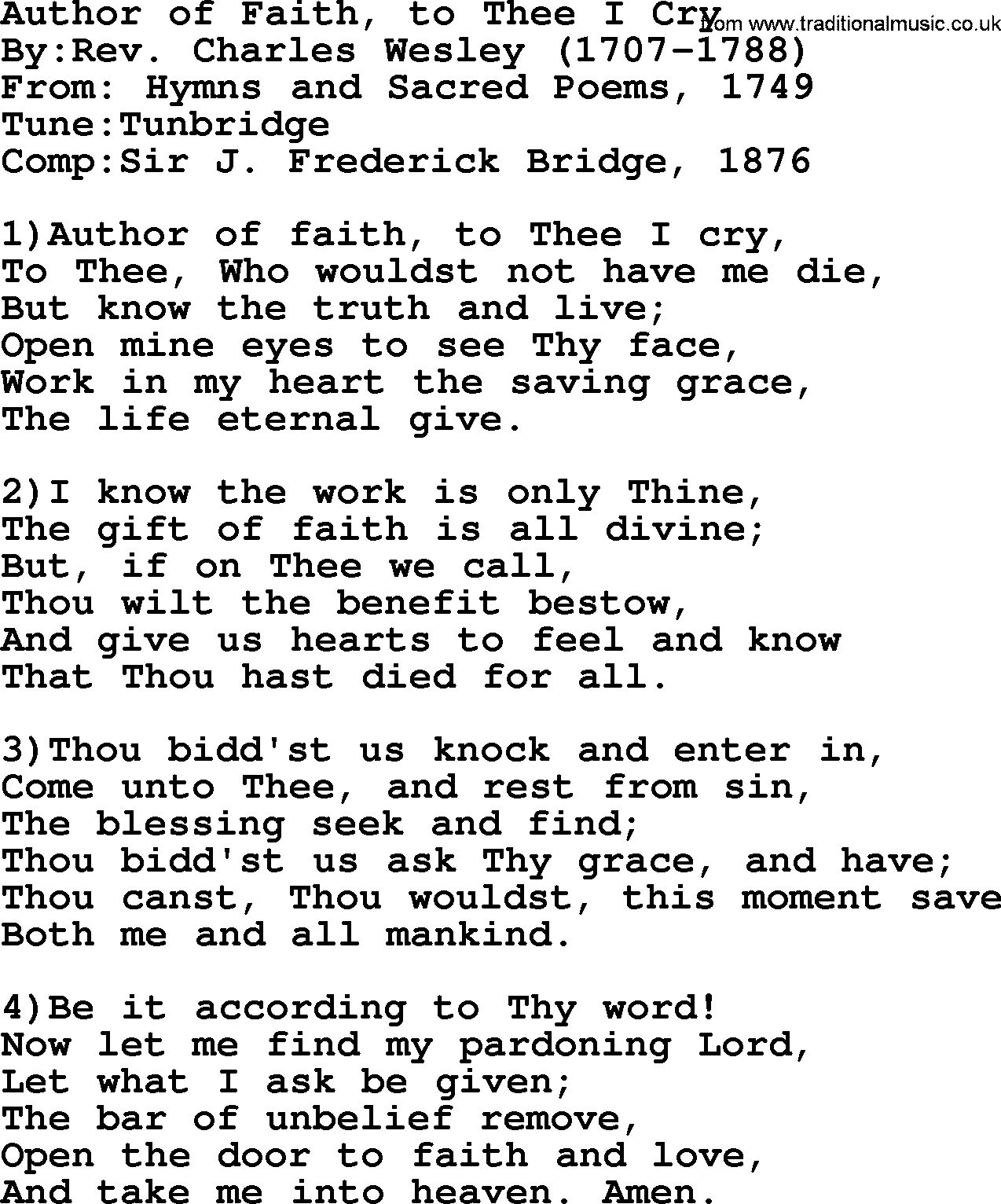 Methodist Hymn: Author Of Faith, To Thee I Cry, lyrics