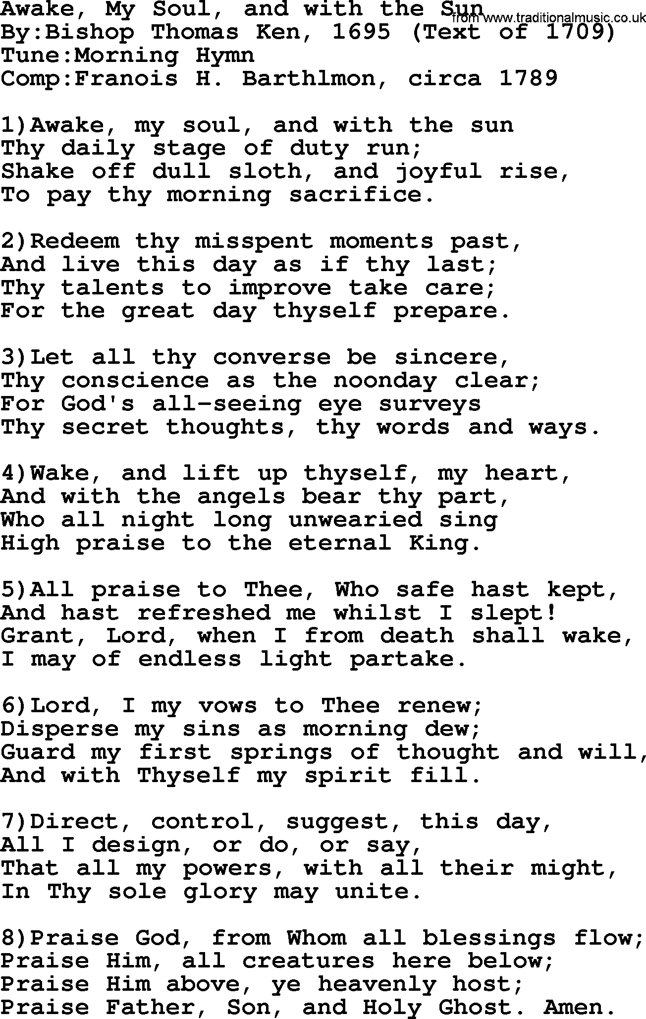 Methodist Hymn: Awake, My Soul, And With The Sun, lyrics