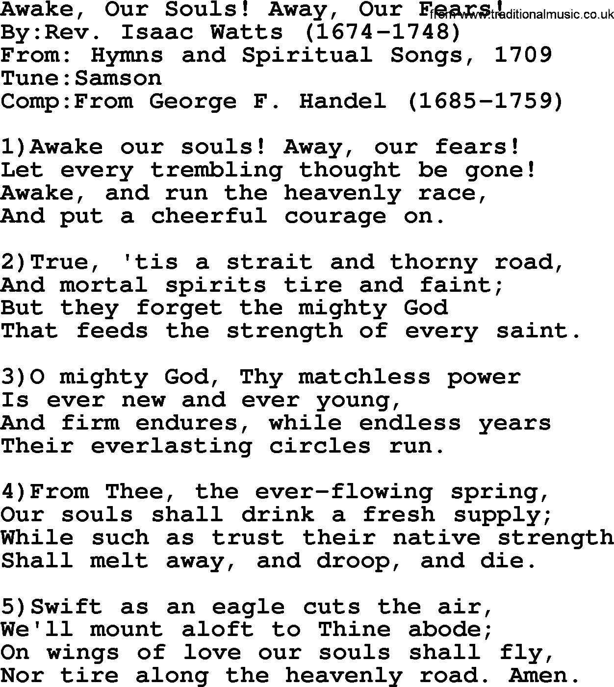 Methodist Hymn: Awake, Our Souls! Away, Our Fears!, lyrics