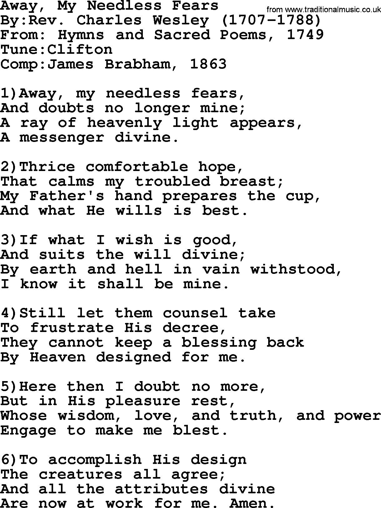 Methodist Hymn: Away, My Needless Fears, lyrics