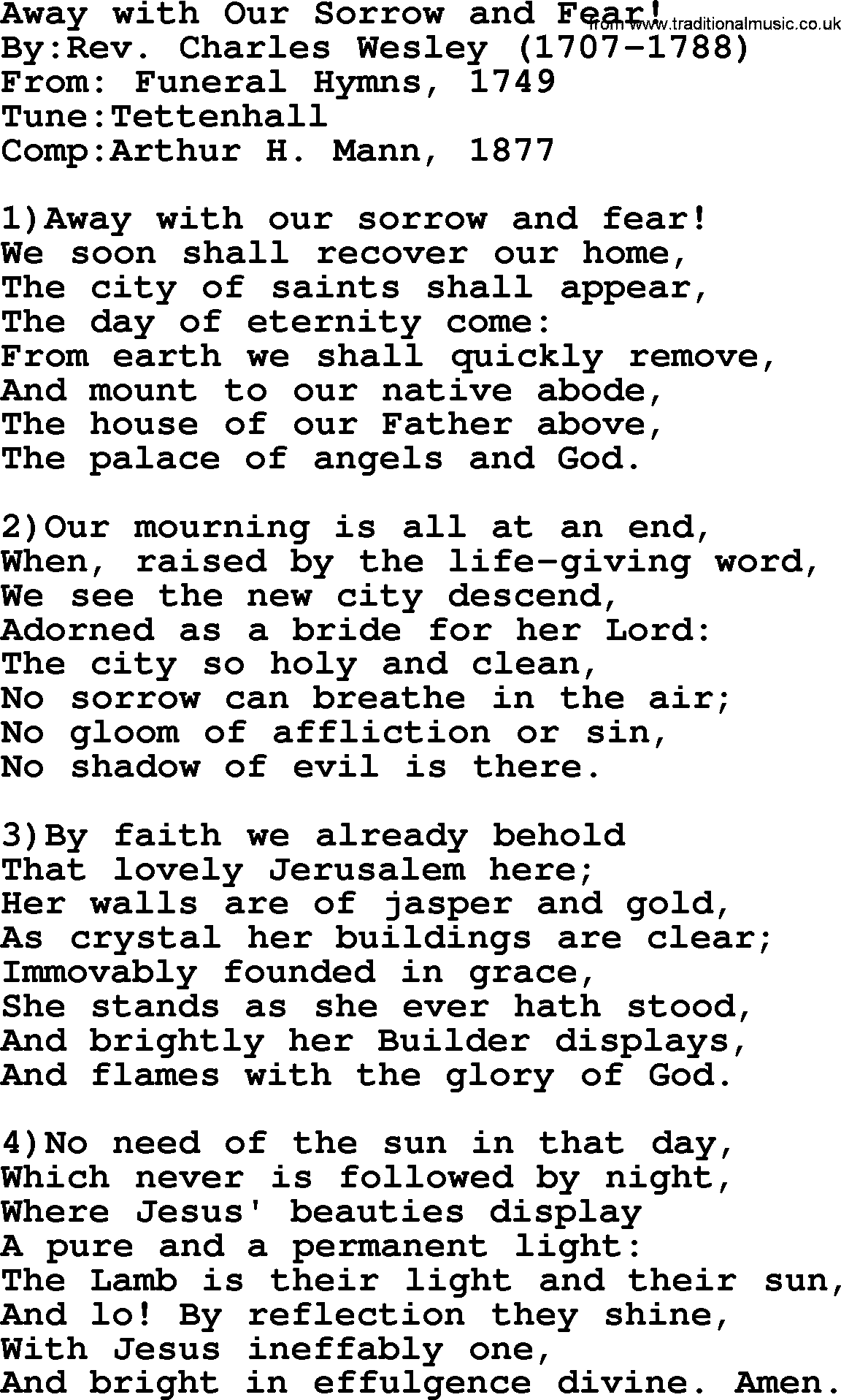 Methodist Hymn: Away With Our Sorrow And Fear!, lyrics