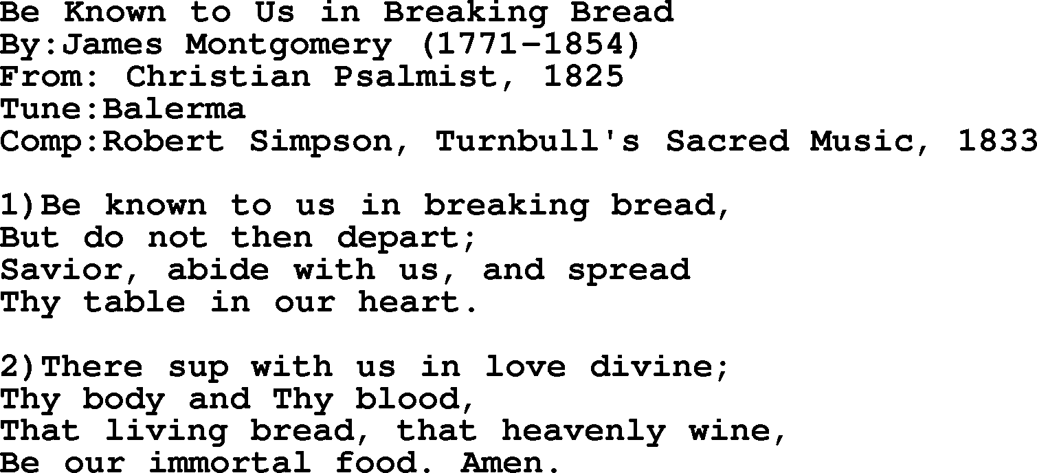 Methodist Hymn: Be Known To Us In Breaking Bread, lyrics